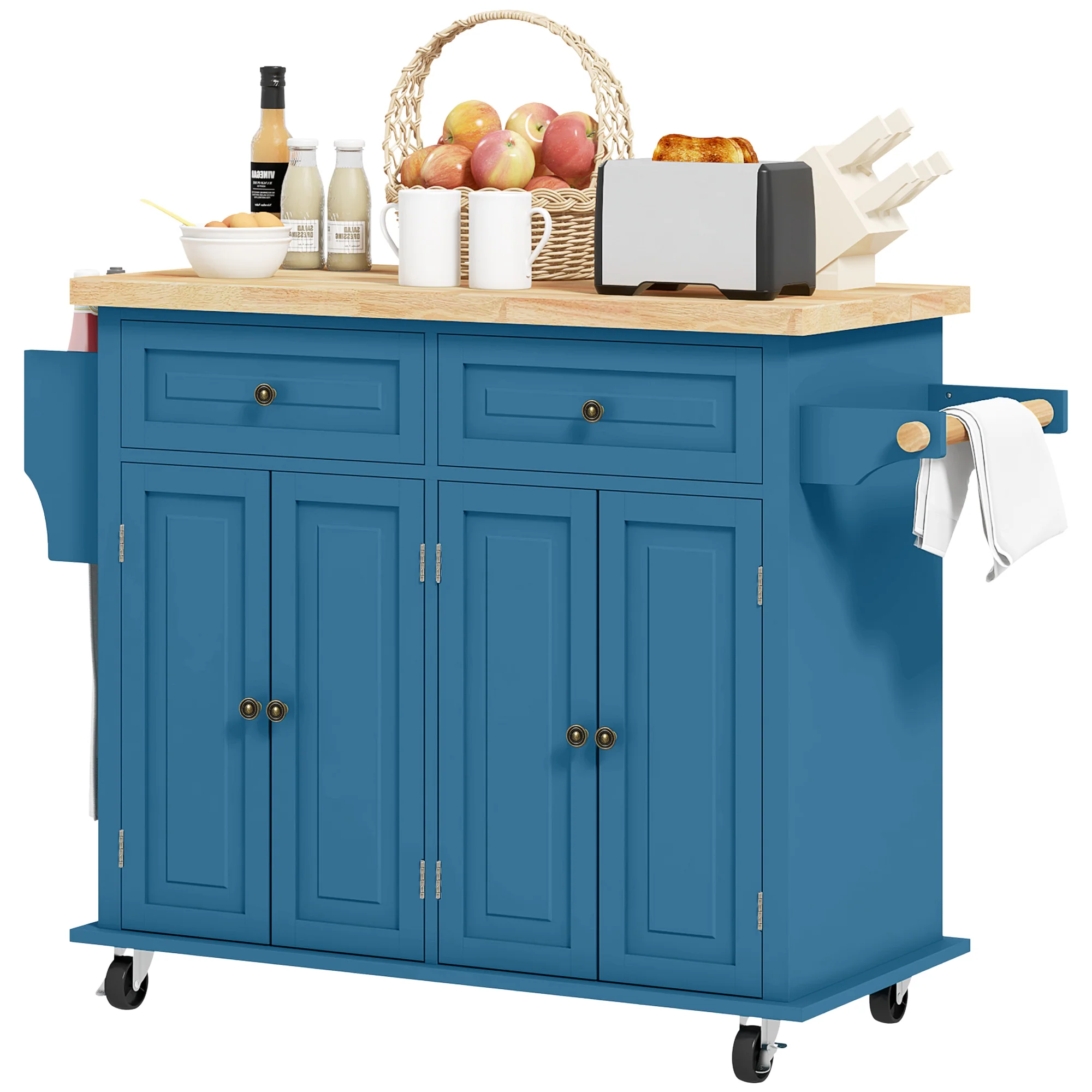 GlideSpace 44"W Butcher Block Cart, Movable Kitchen Island with Cabinets, Turquoise - Image 2