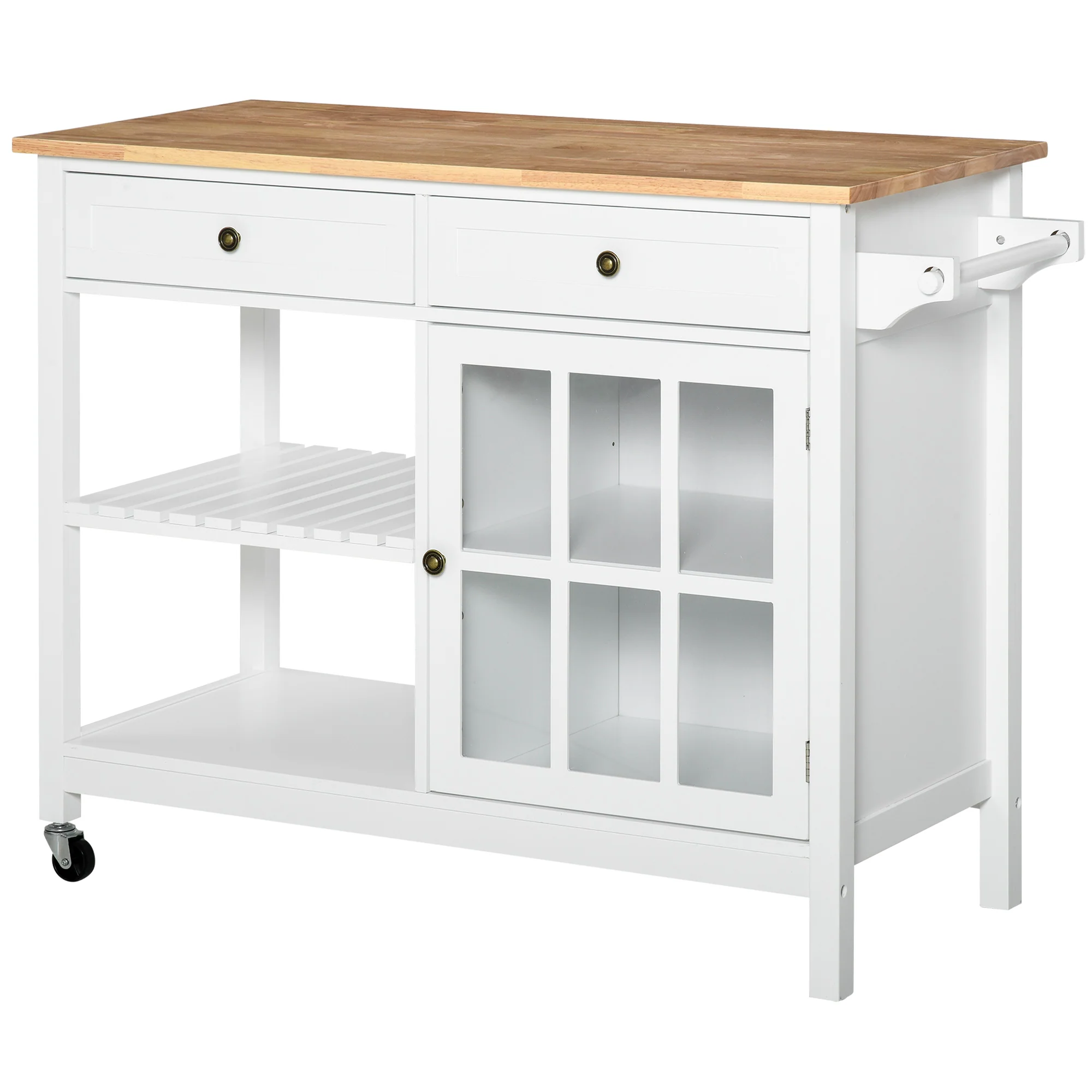 Rolling Kitchen Island with 2 Drawers and 2 Open Shelves, White