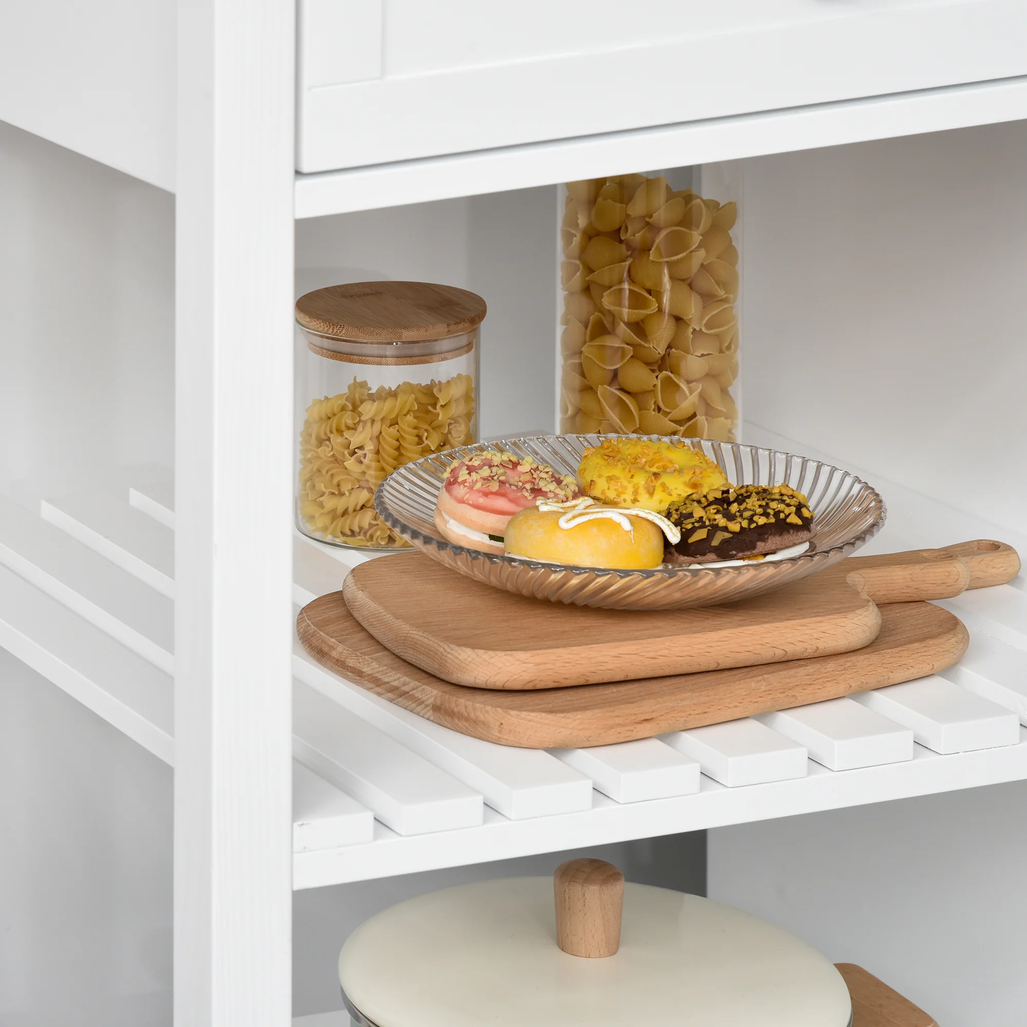 Rolling Kitchen Island with 2 Drawers and 2 Open Shelves, White - Image 11