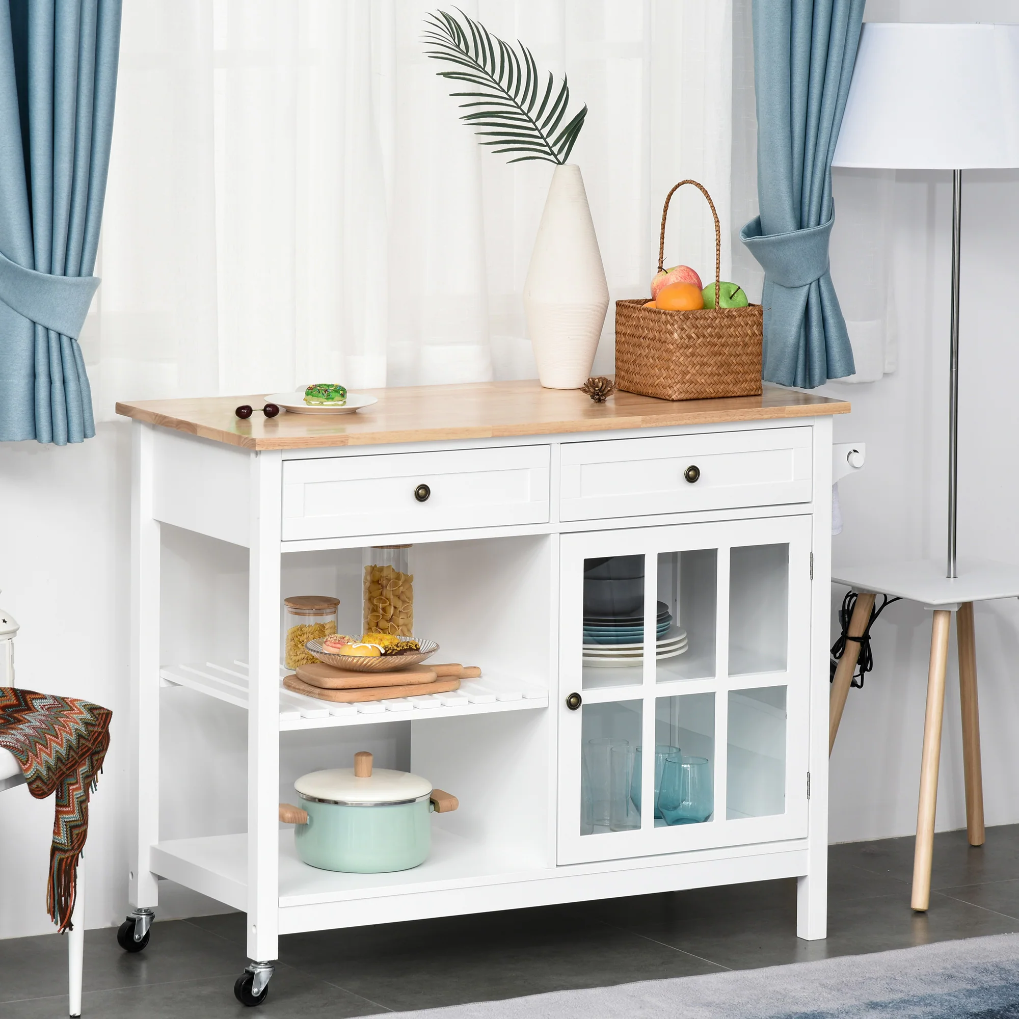 Rolling Kitchen Island with 2 Drawers and 2 Open Shelves, White - Image 4