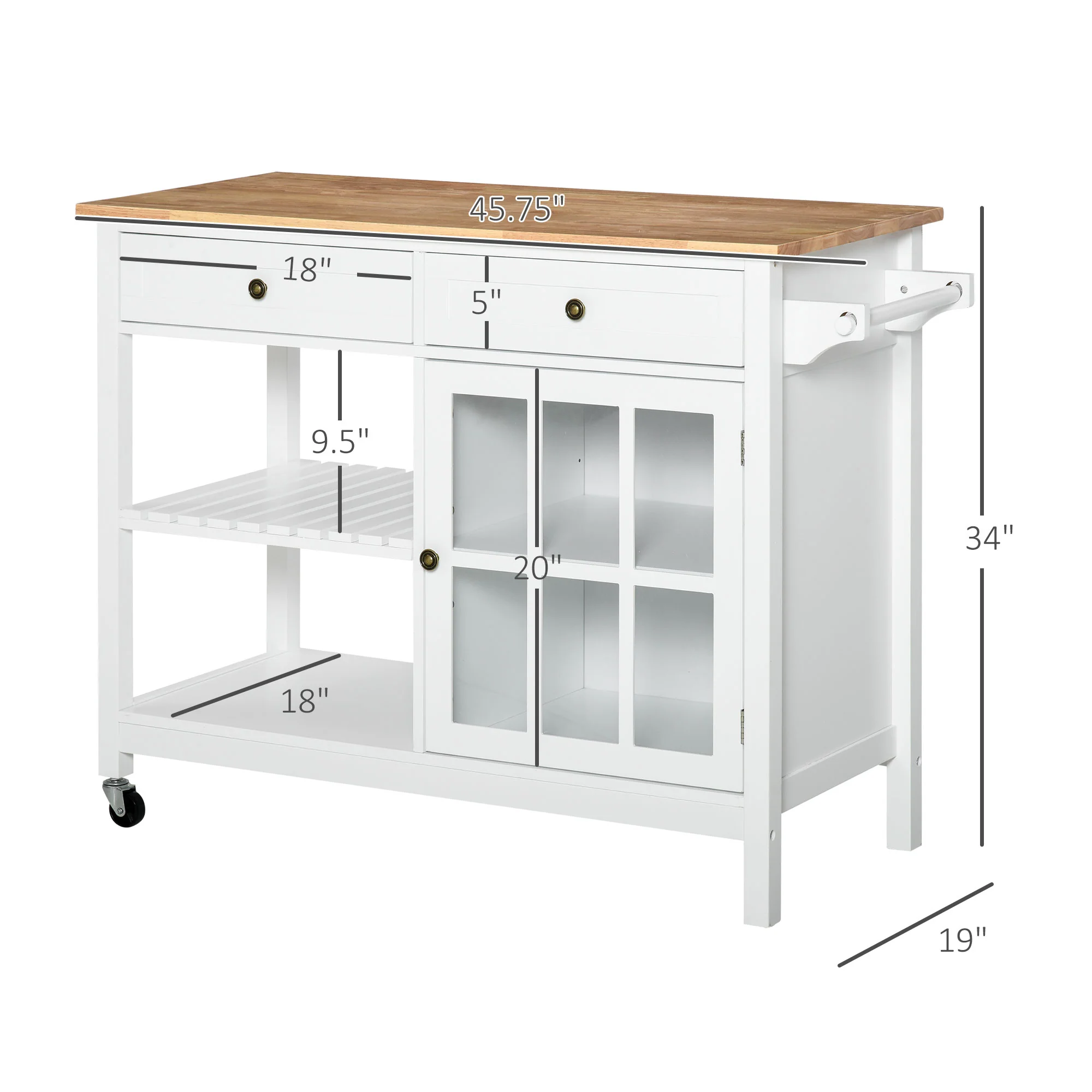 Rolling Kitchen Island with 2 Drawers and 2 Open Shelves, White - Image 5