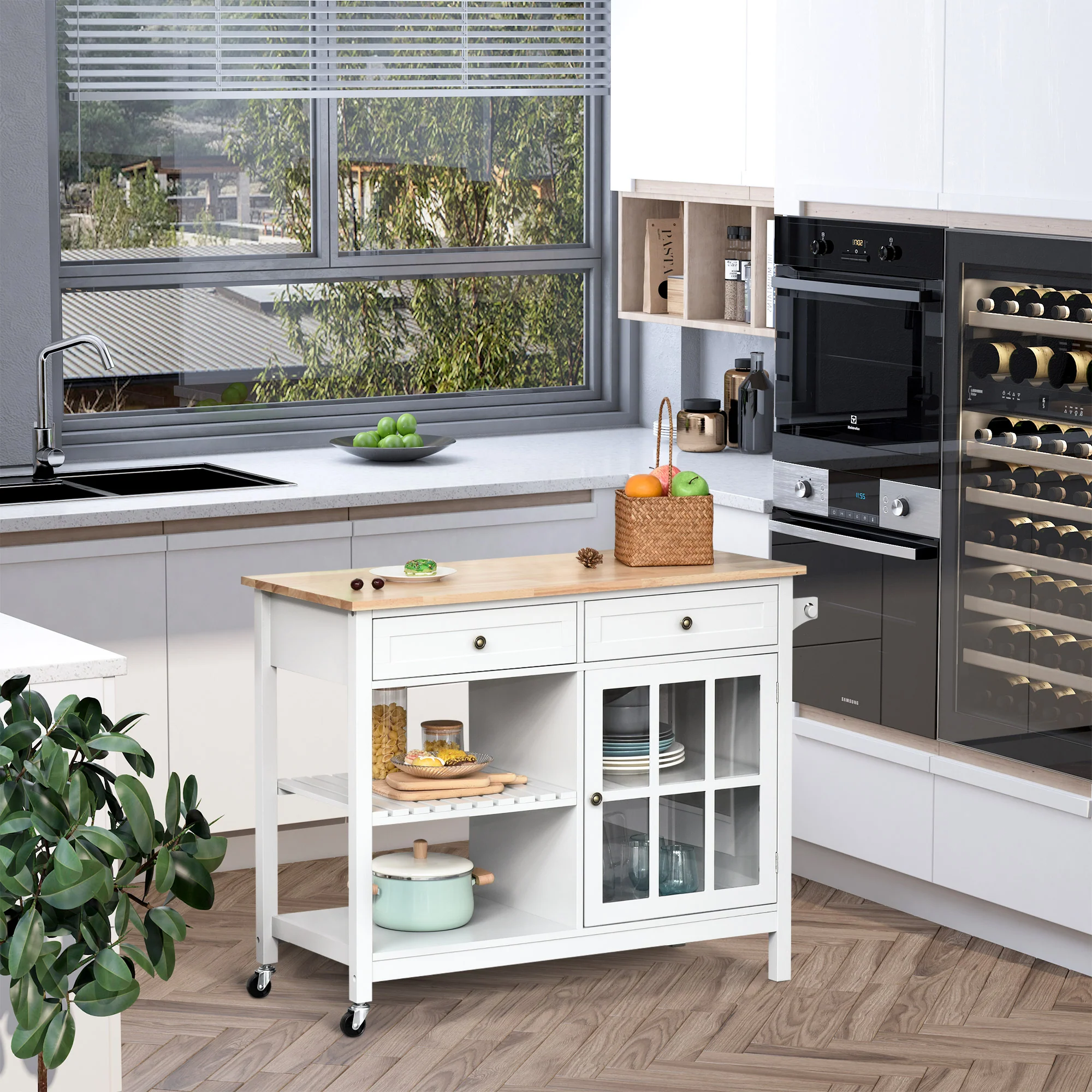 Rolling Kitchen Island with 2 Drawers and 2 Open Shelves, White - Image 6