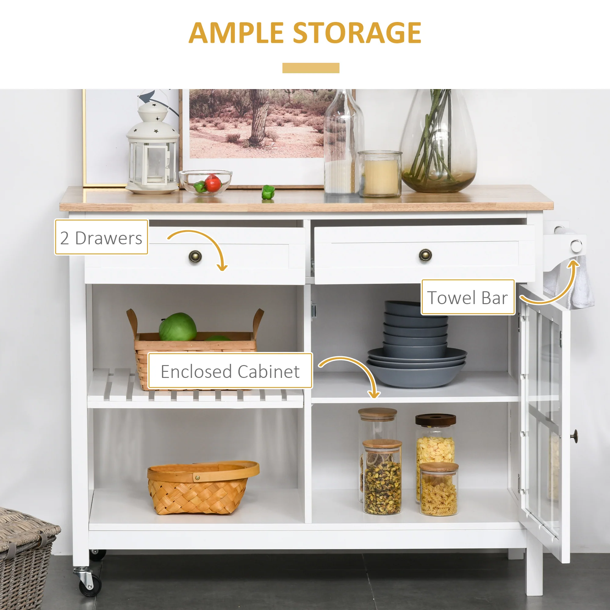 Rolling Kitchen Island with 2 Drawers and 2 Open Shelves, White - Image 7