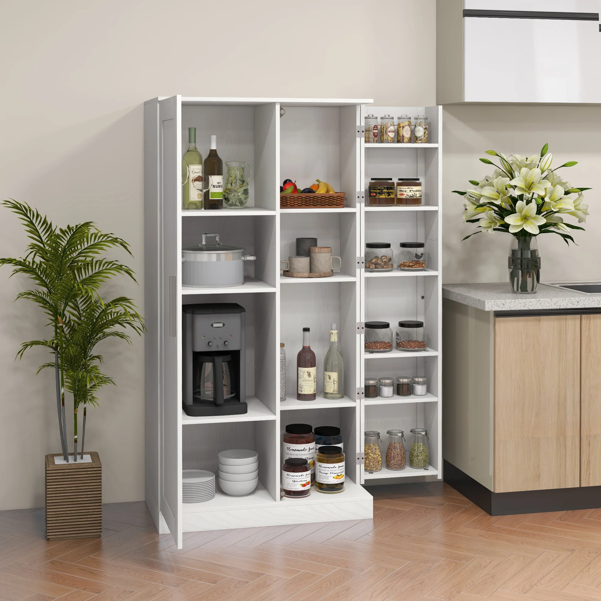 14-Tier Kitchen Pantry Storage Cabinet, Freestanding Cupboard for Dining Room, White - Image 3