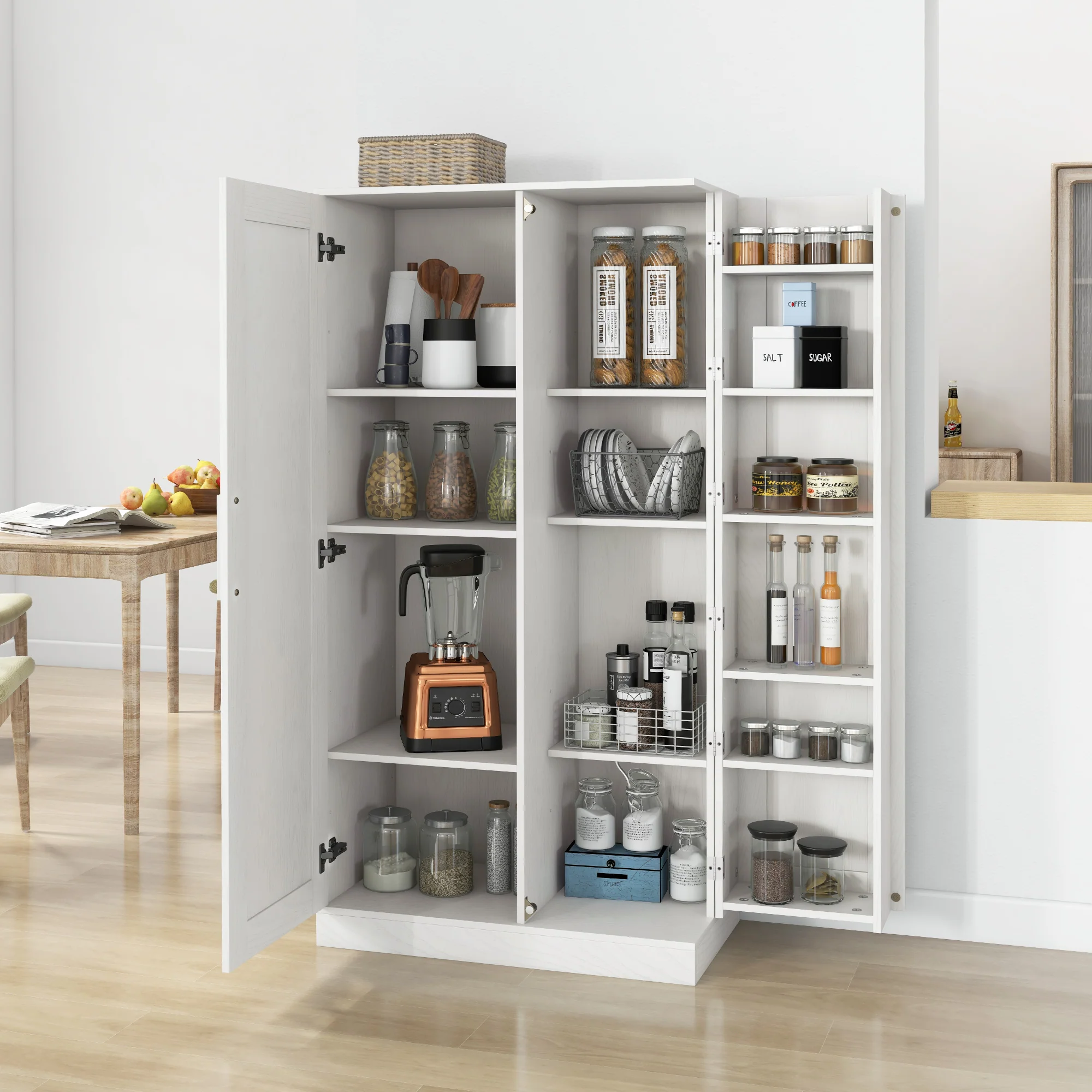 14-Tier Kitchen Pantry Storage Cabinet, Freestanding Cupboard for Dining Room, White - Image 4
