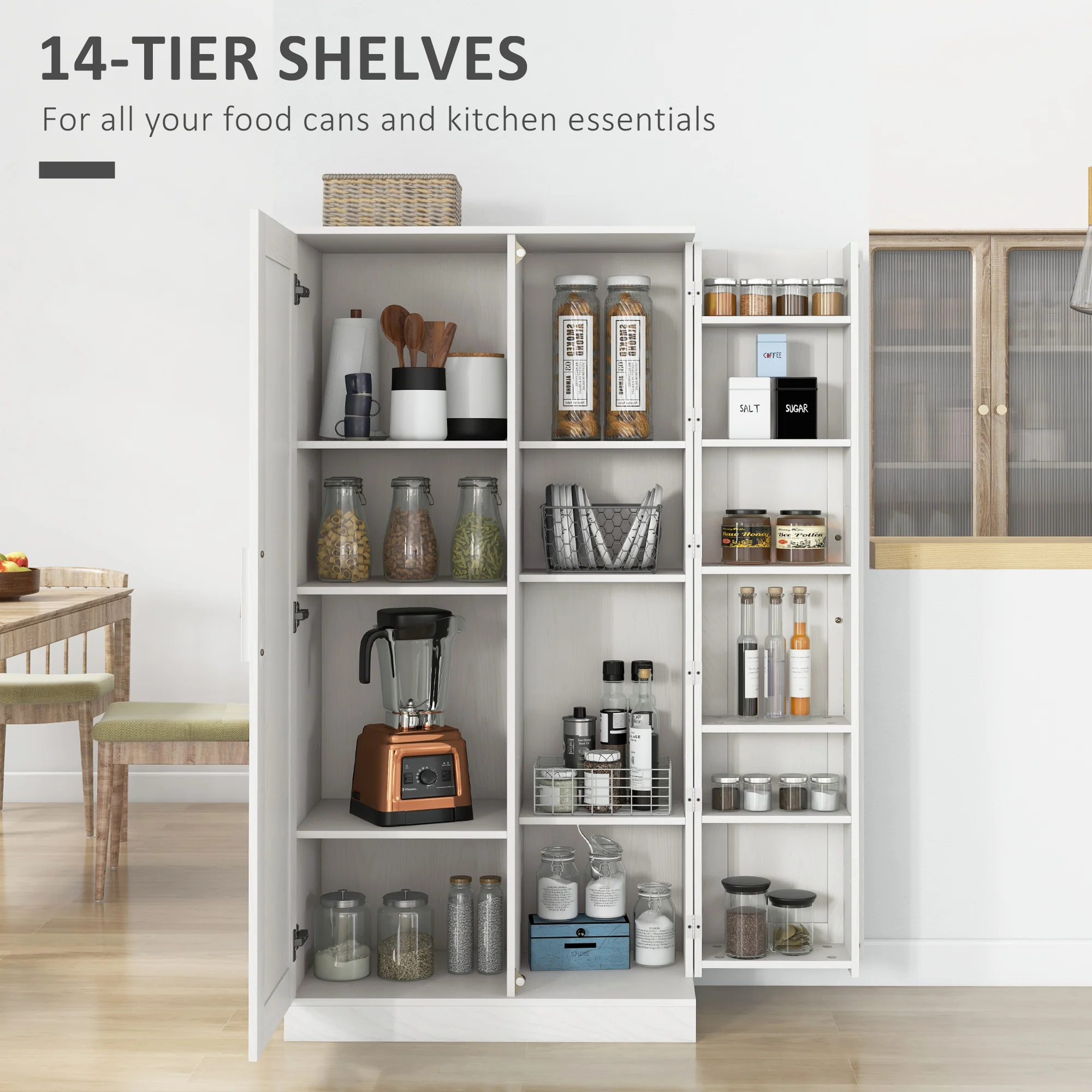 14-Tier Kitchen Pantry Storage Cabinet, Freestanding Cupboard for Dining Room, White - Image 6