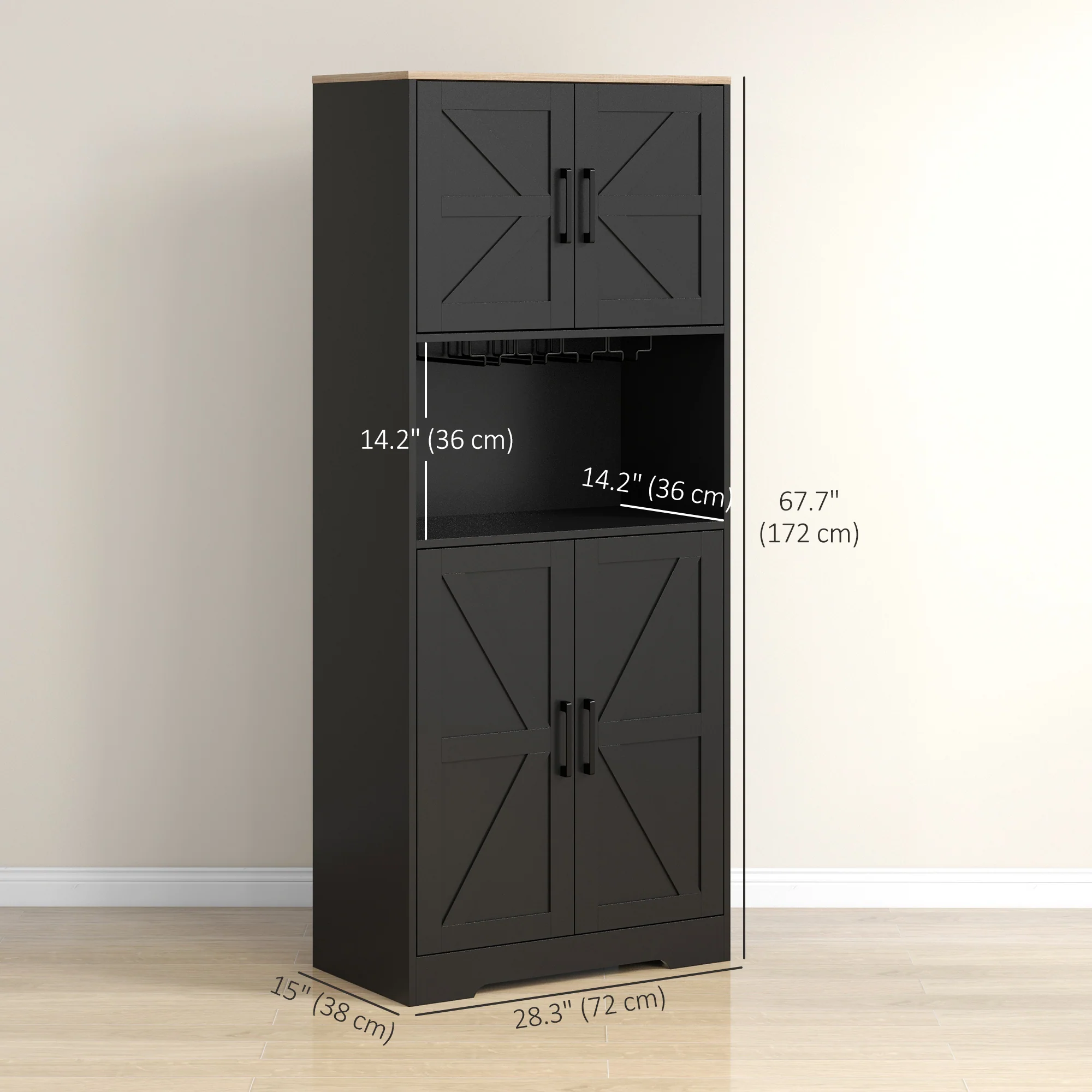 68" Farmhouse Pantry Cabinet with Microwave Countertop & Barn Doors, Black - Image 5