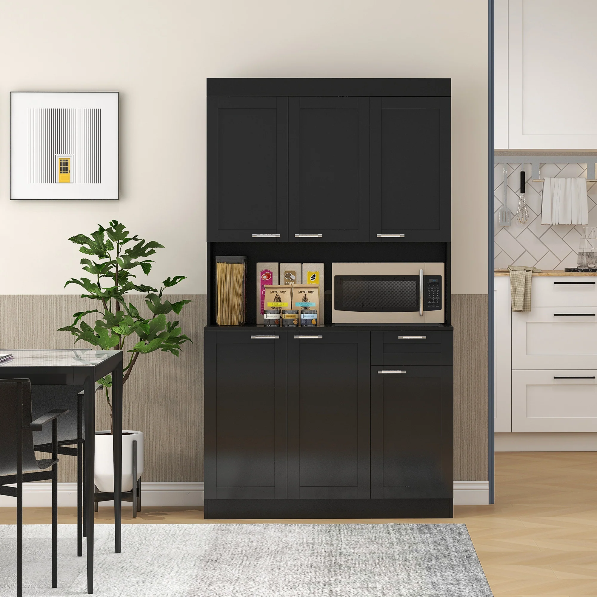 Kitchen Pantry Hutch with Microwave Countertop & Adjustable Shelves High Gloss, Black - Image 4