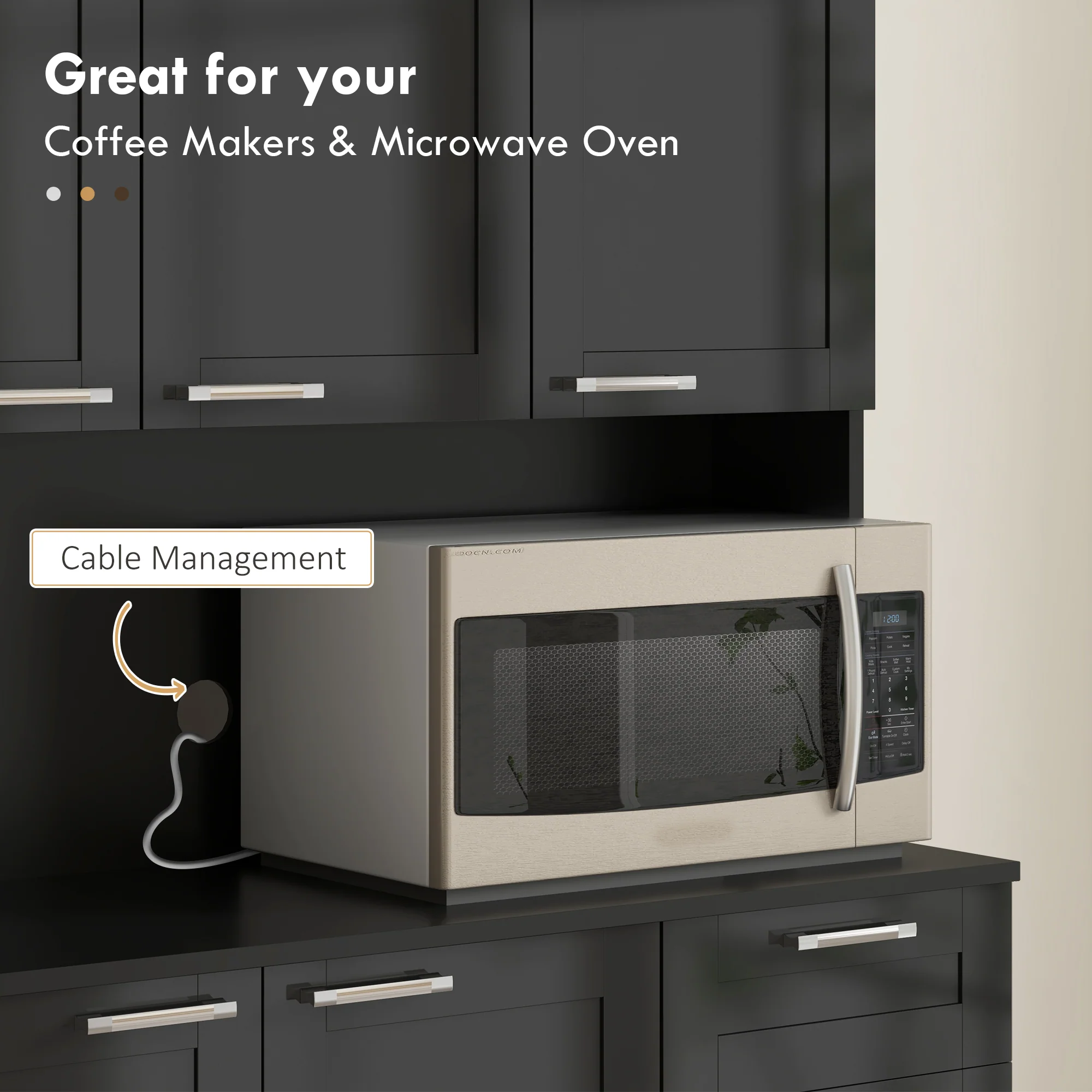 Kitchen Pantry Hutch with Microwave Countertop & Adjustable Shelves High Gloss, Black - Image 7