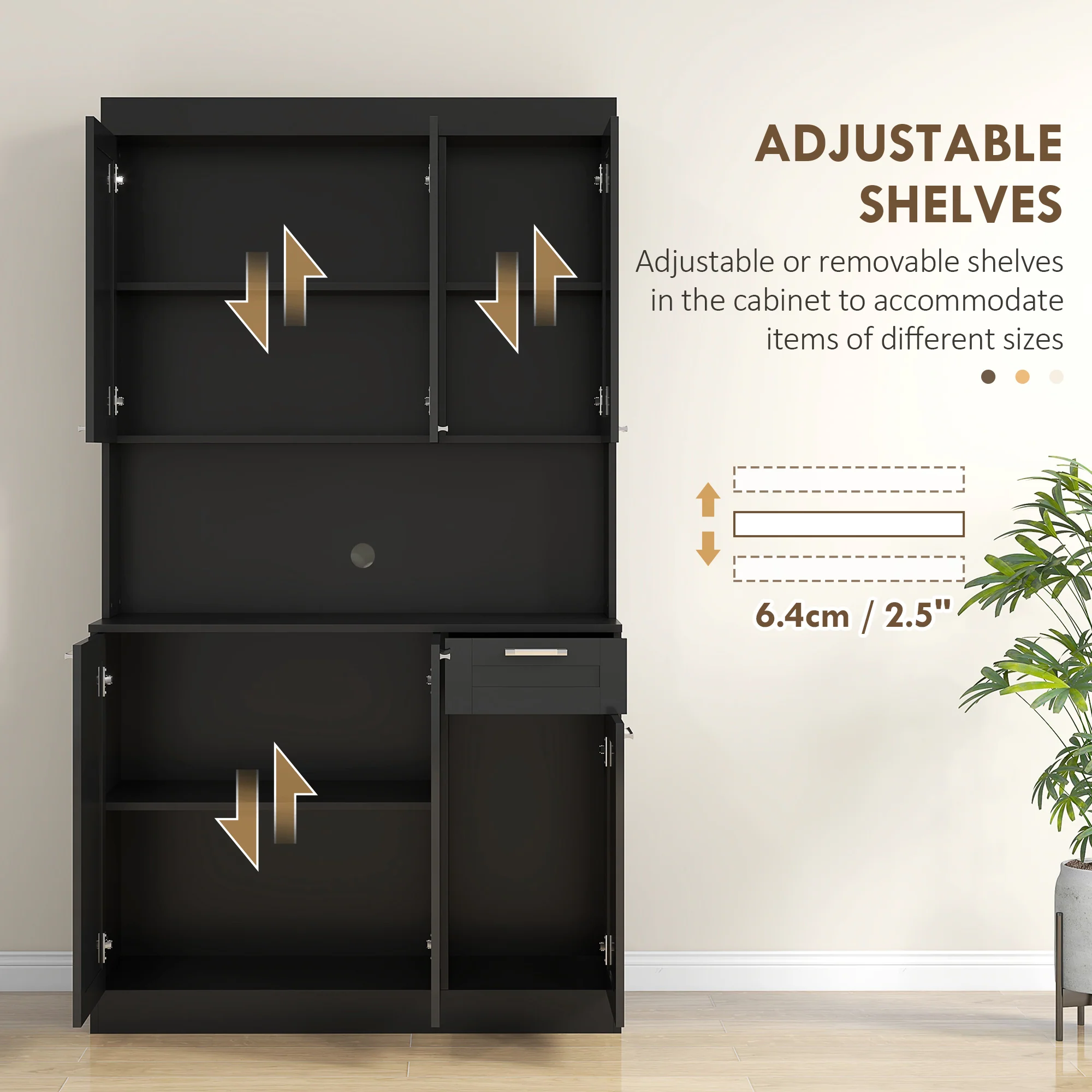 Kitchen Pantry Hutch with Microwave Countertop & Adjustable Shelves High Gloss, Black - Image 8