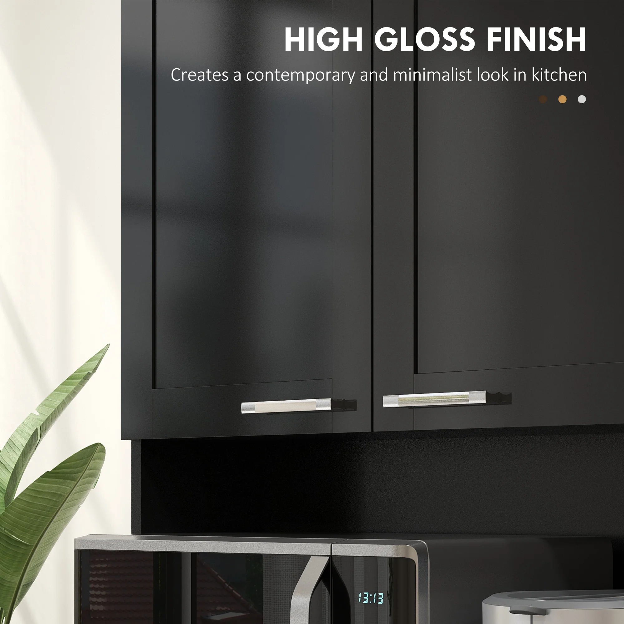 Kitchen Pantry Hutch with Microwave Countertop & Adjustable Shelves High Gloss, Black - Image 9