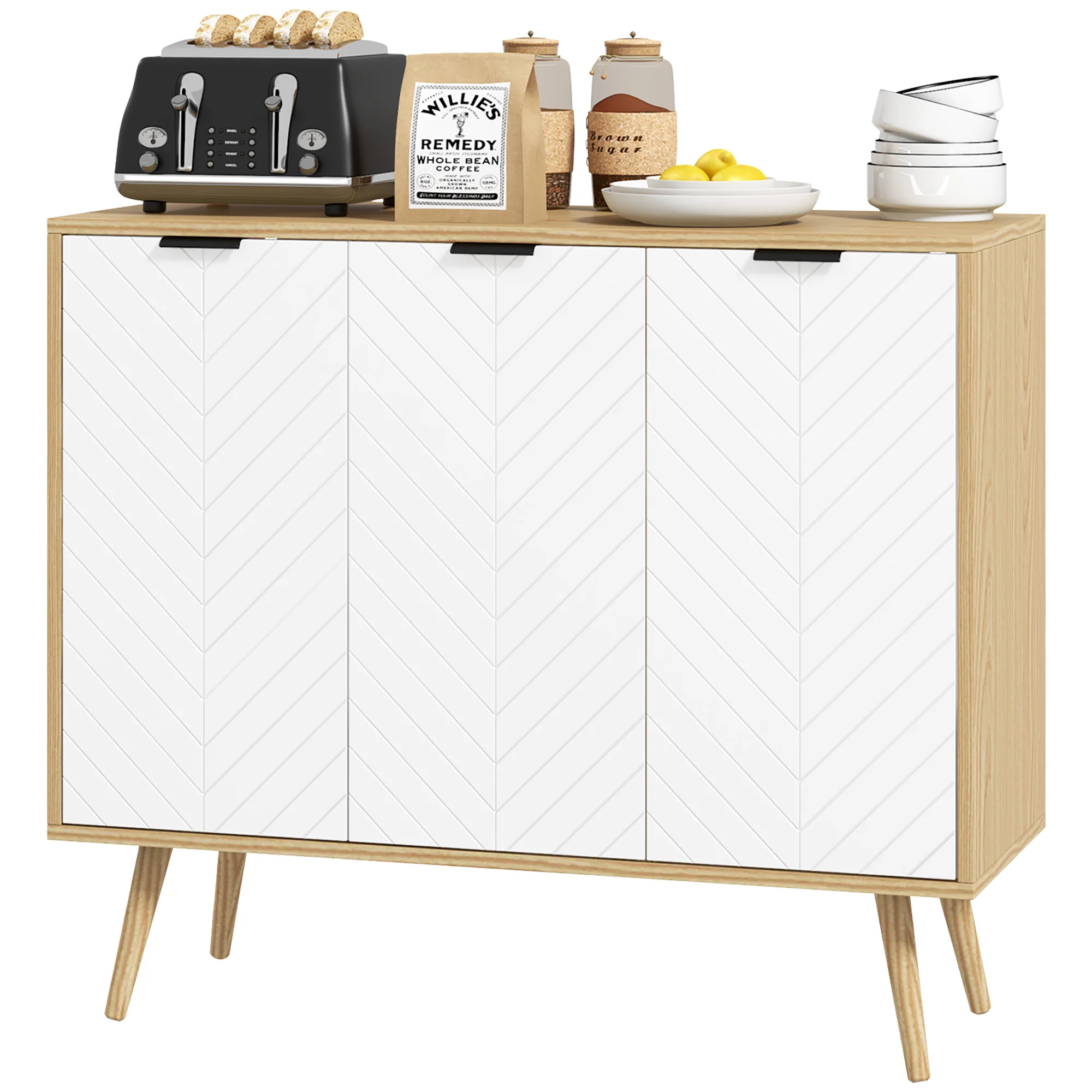 Modern Kitchen Sideboard with 2 Cabinets & Adjustable Shelves, Natural - Image 2