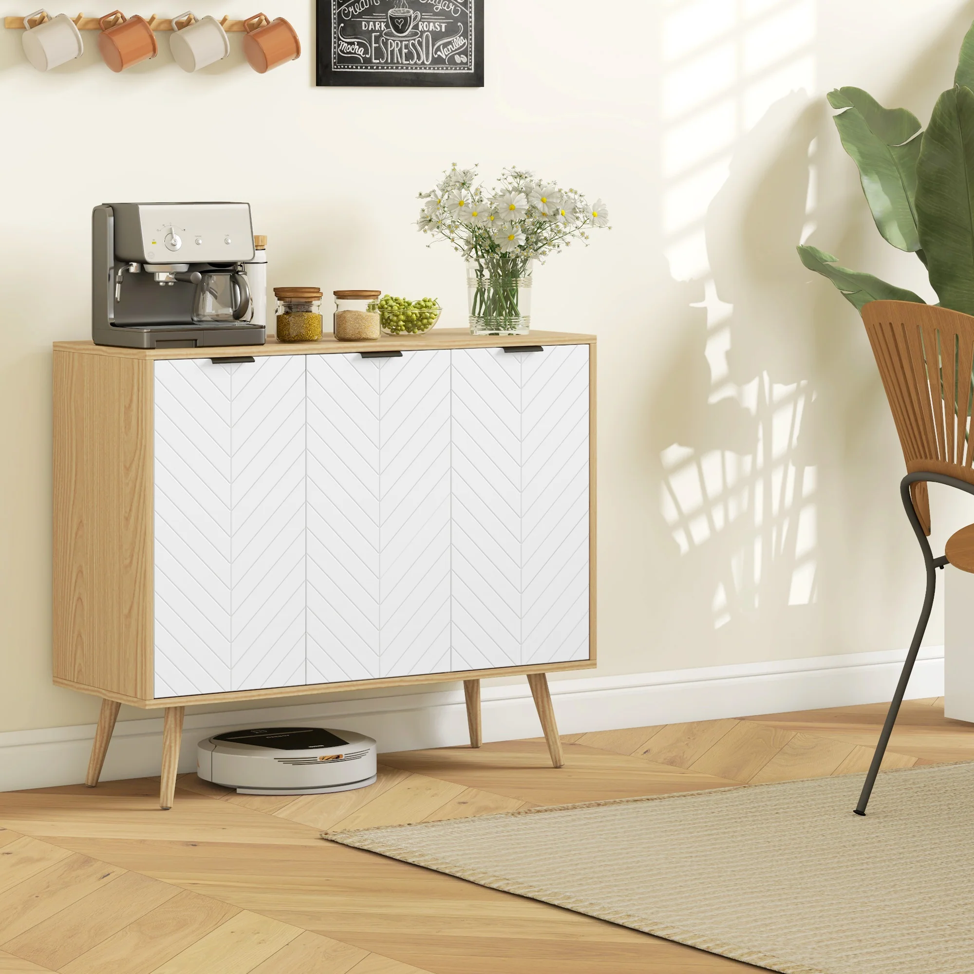 Modern Kitchen Sideboard with 2 Cabinets & Adjustable Shelves, Natural - Image 4