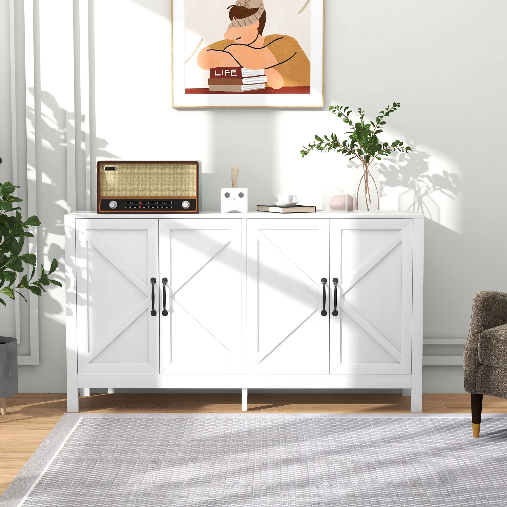 Kitchen Storage Sideboard with 4 Barn Doors & Adjustable Shelves, White - Image 4