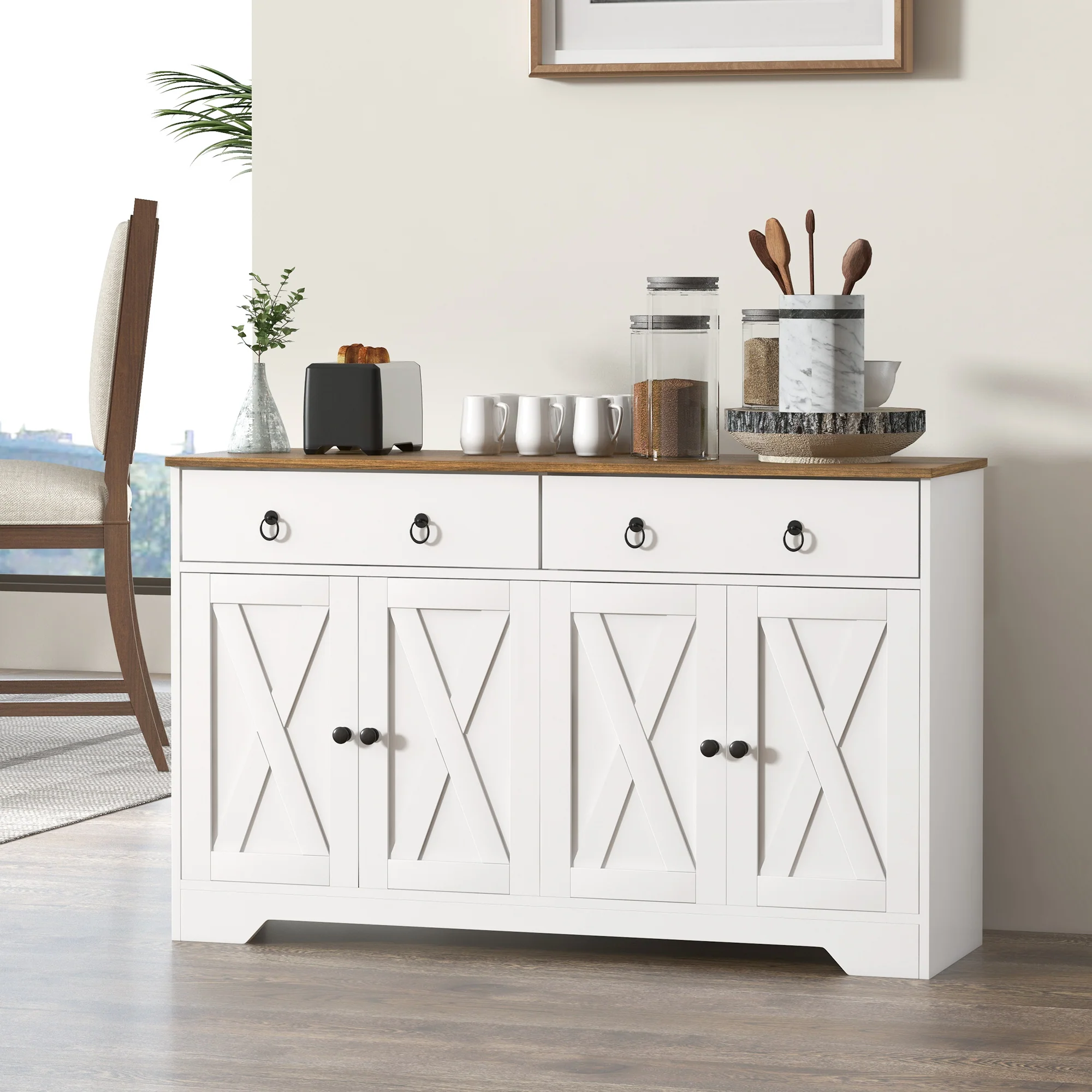 Farmhouse Storage Sideboard, Buffet Cabinet w/ Barn Doors & Adjustable Shelves, White - Image 3