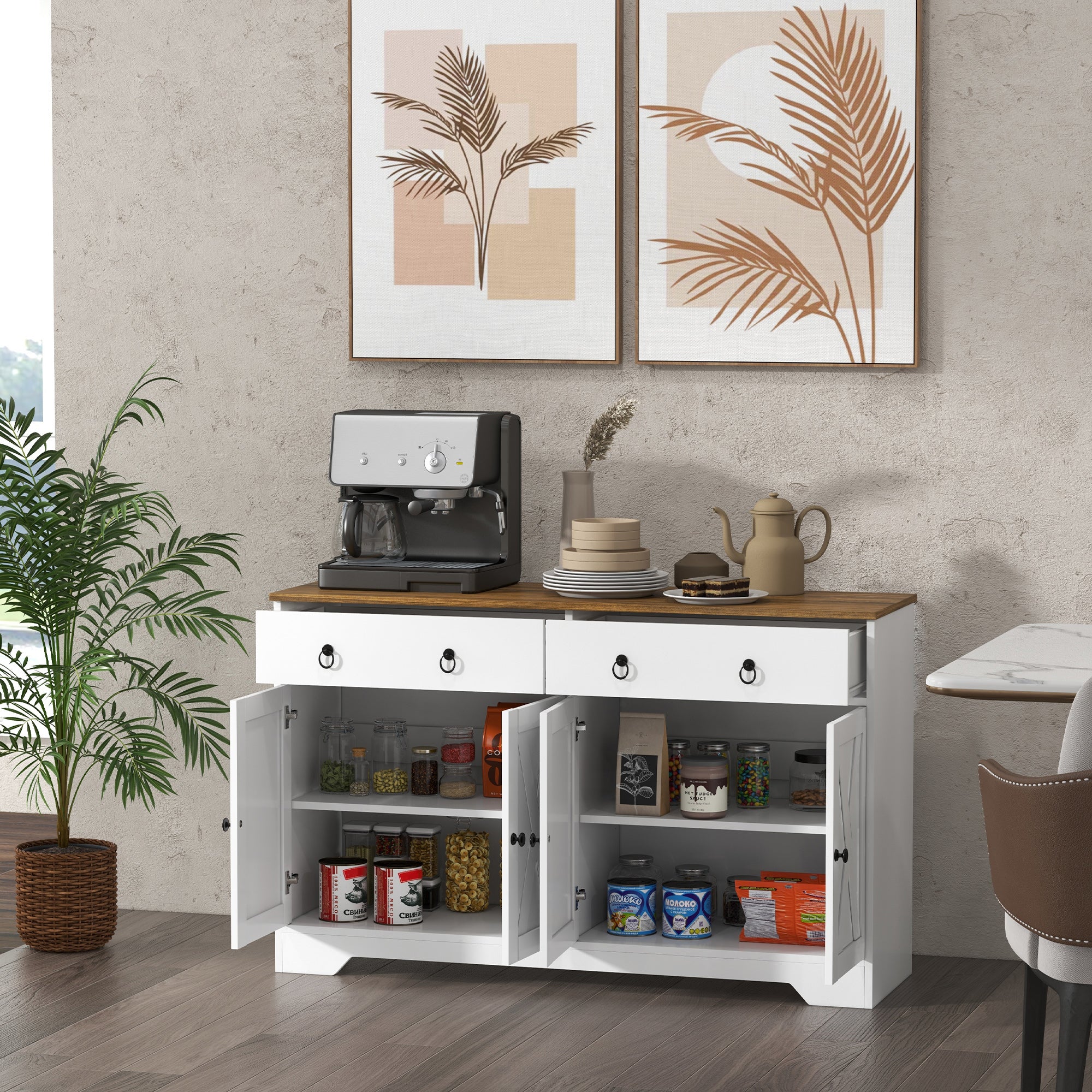 Farmhouse Storage Sideboard, Buffet Cabinet w/ Barn Doors & Adjustable Shelves, White - Image 4