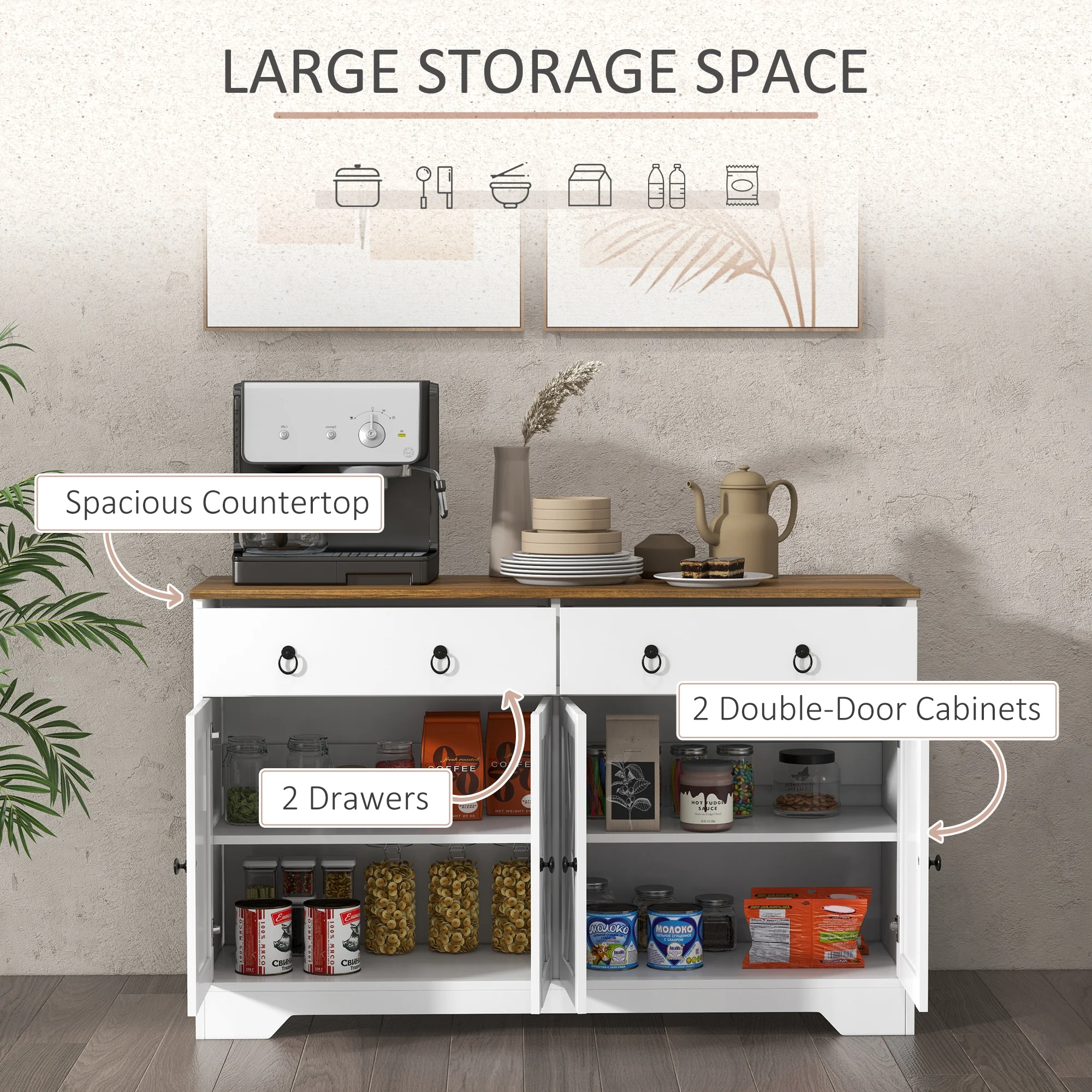 Farmhouse Storage Sideboard, Buffet Cabinet w/ Barn Doors & Adjustable Shelves, White - Image 6