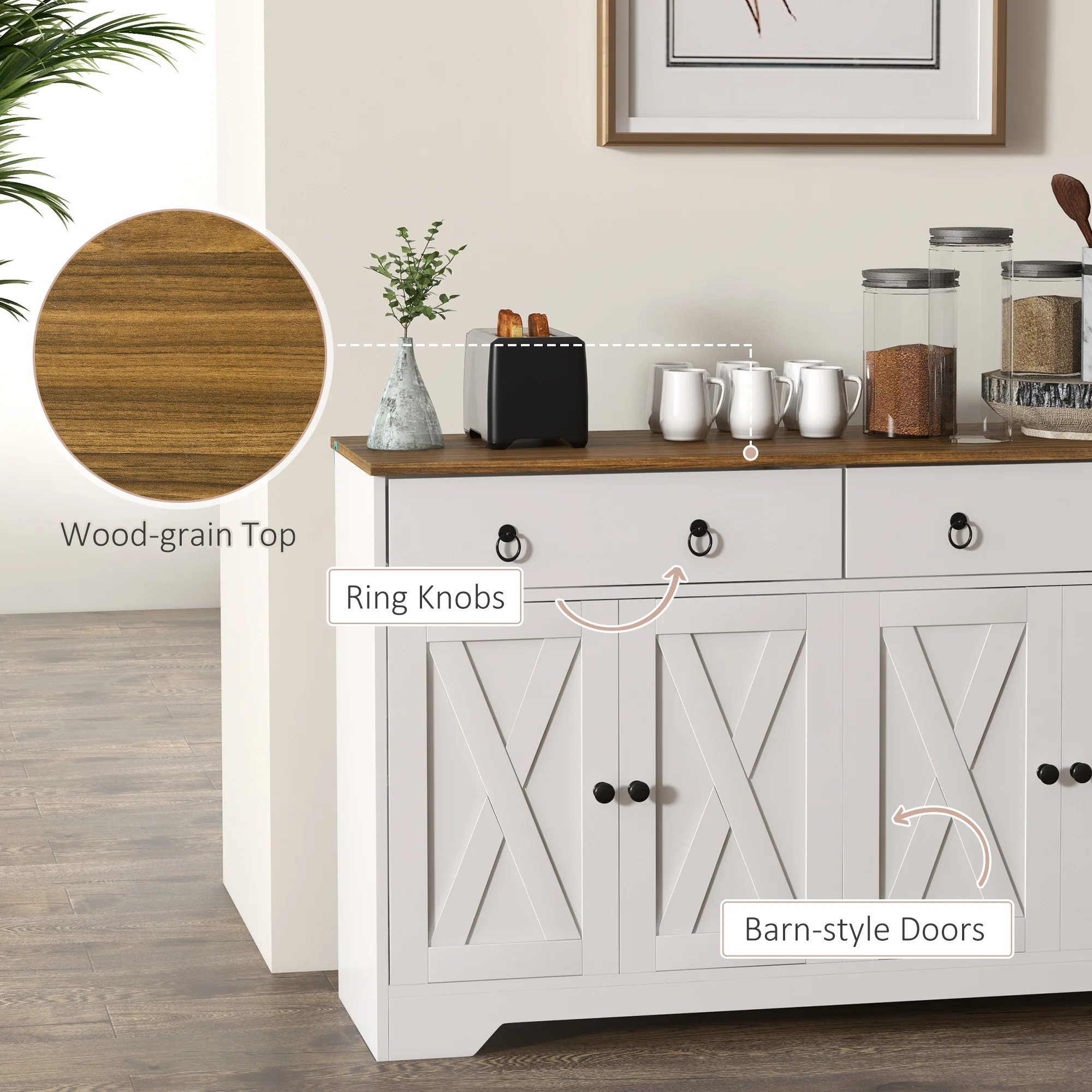 Farmhouse Storage Sideboard, Buffet Cabinet w/ Barn Doors & Adjustable Shelves, White - Image 8