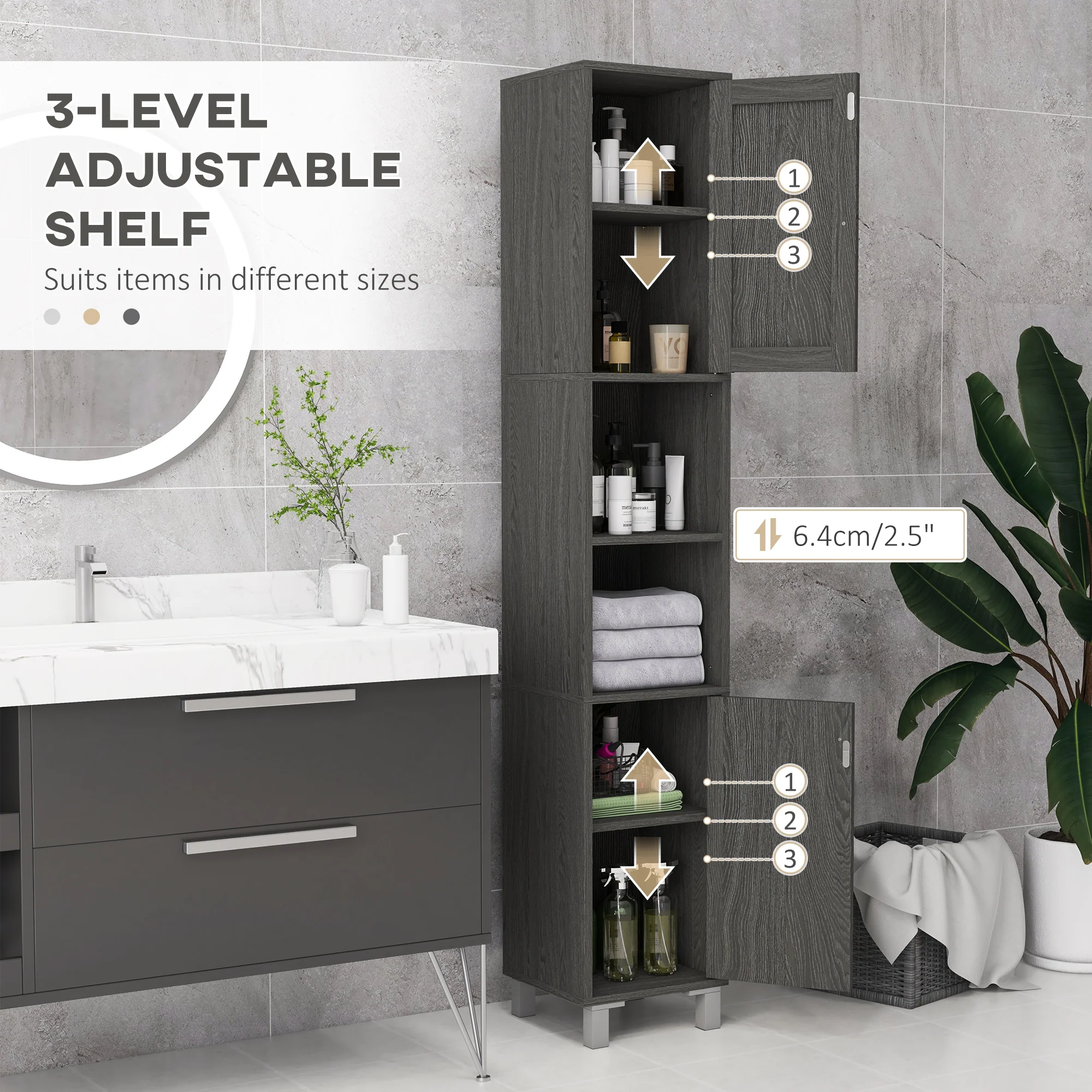 Tall Bathroom Cabinet w/ Mirror, Slim Linen Tower, Doors & Adjustable Shelves, Gray - Image 7