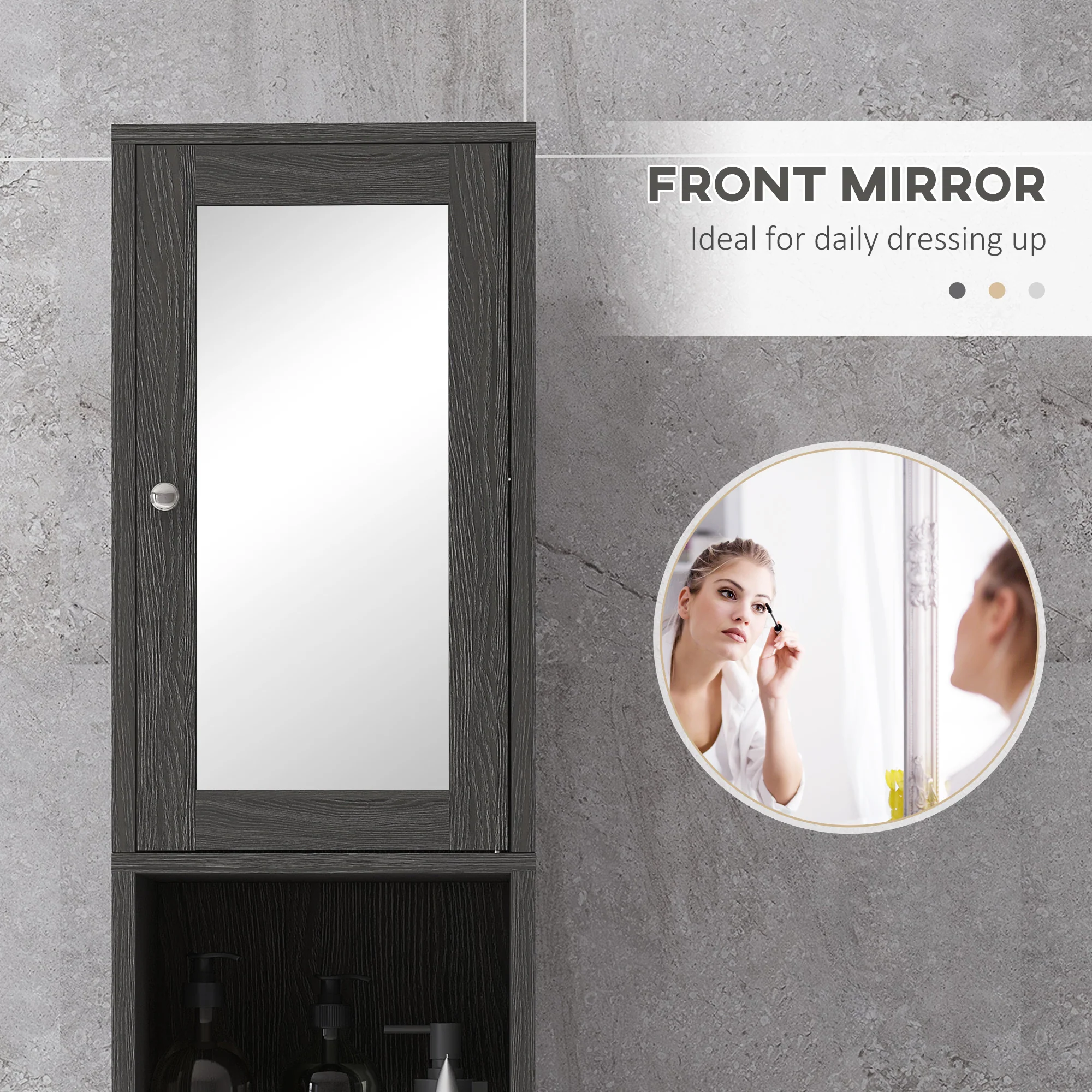 Tall Bathroom Cabinet w/ Mirror, Slim Linen Tower, Doors & Adjustable Shelves, Gray - Image 9