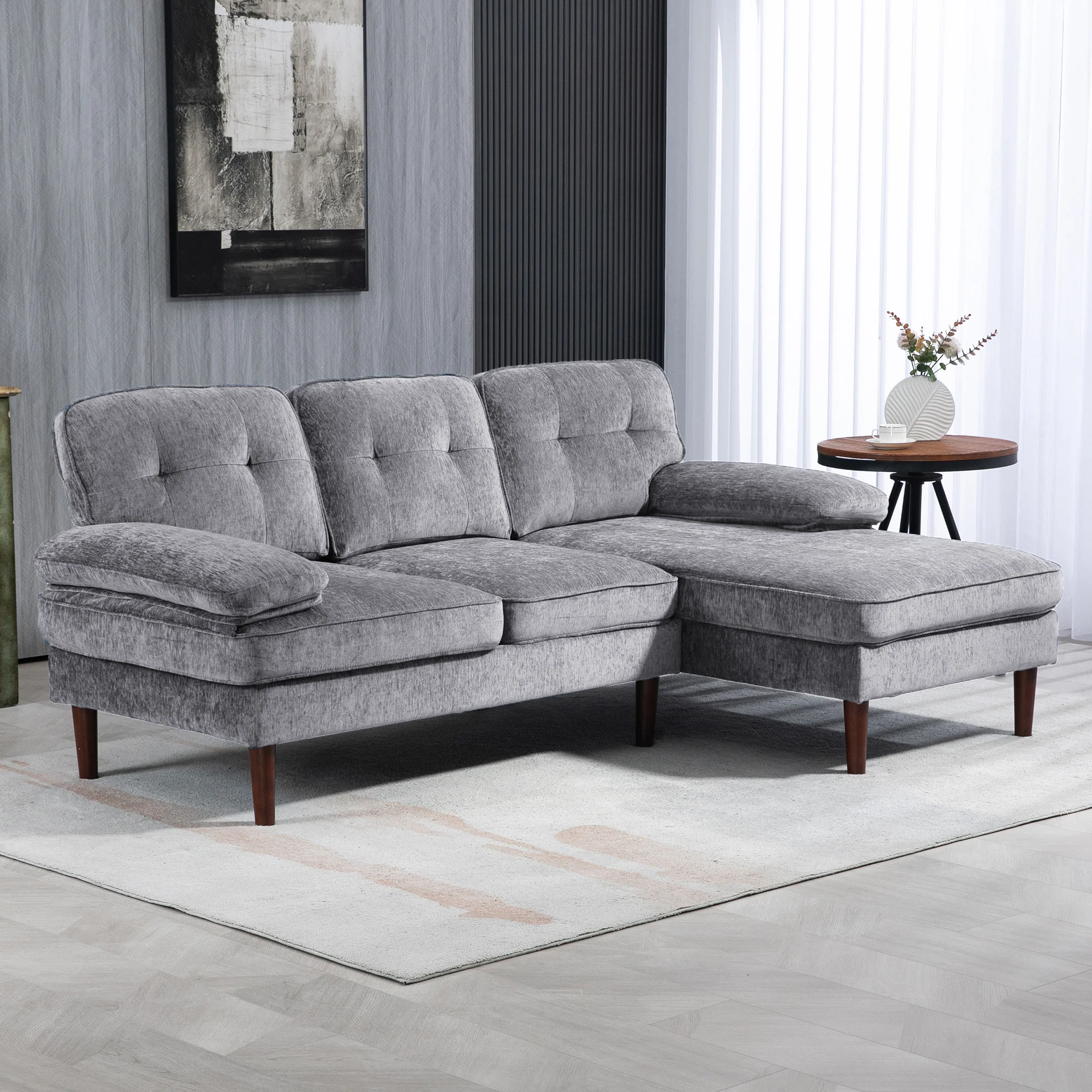 3-Seater L-Shape Sofa with Right Chaise Tufted Design, Grey - Image 4