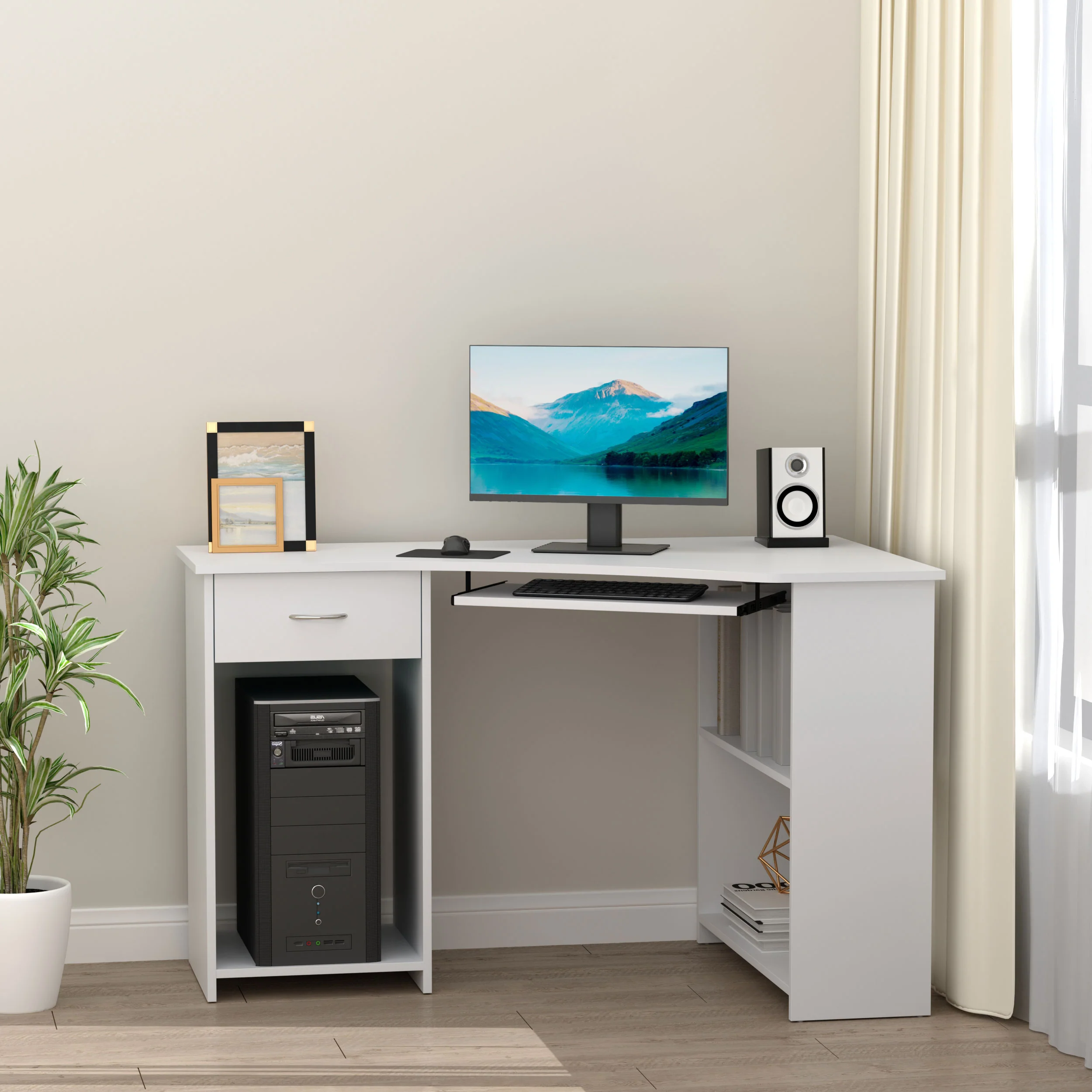 L-Shaped Corner Computer Desk w/ 2 Shelves, Wide Worktop, Keyboard Tray & CPU Stand, White - Image 4