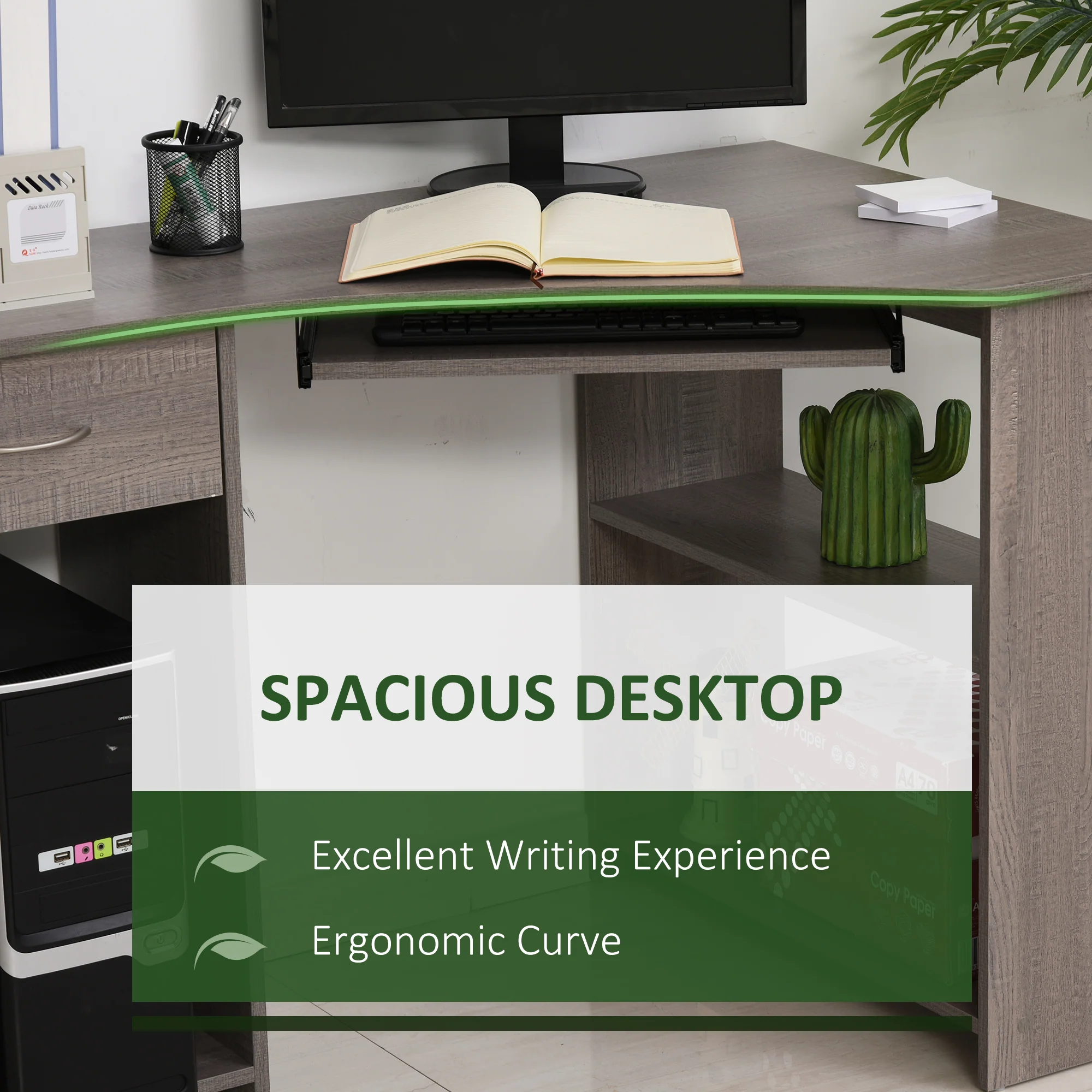 L-Shaped Corner Computer Desk w/ 2 Shelves, Wide Worktop, Keyboard Tray & CPU Stand, Grey - Image 6