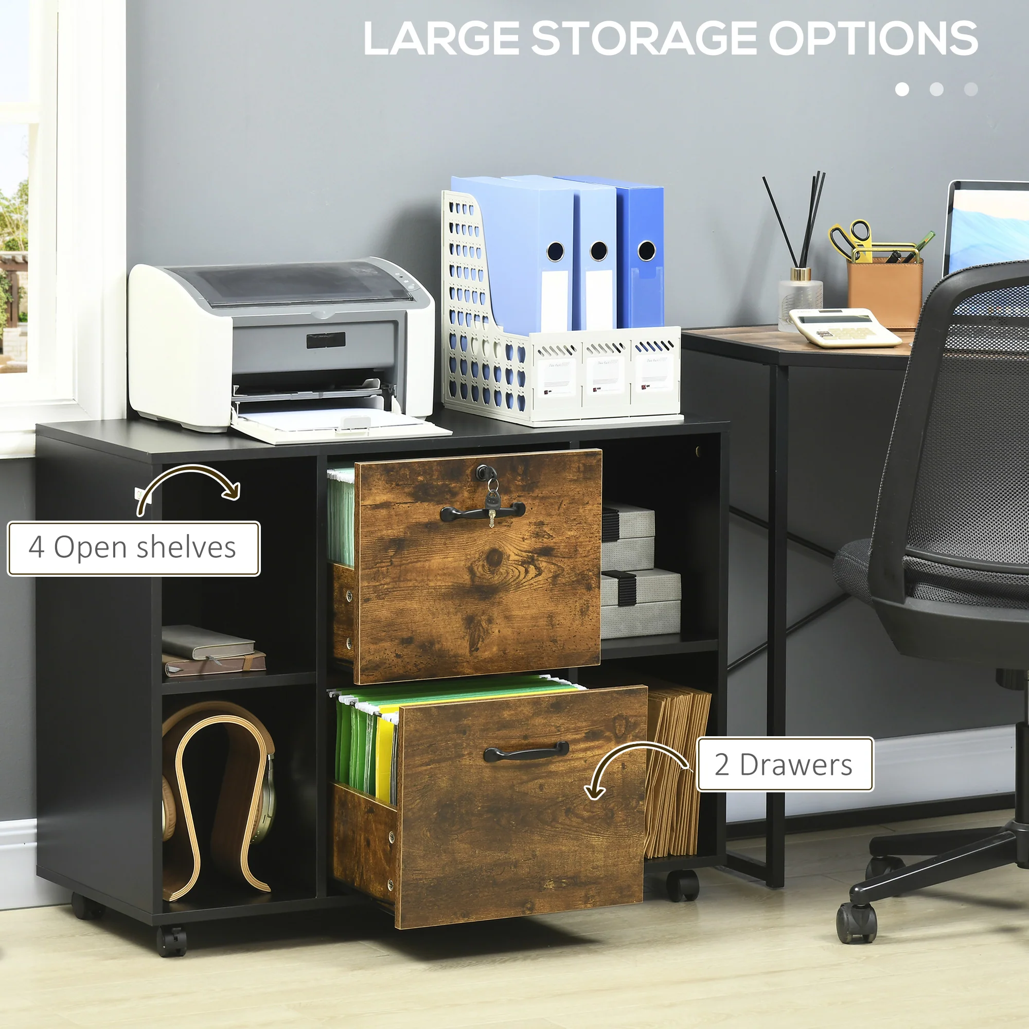 Mobile Lateral Filing Cabinet with Open Shelves, Wheels & Lockable Drawer, Rustic Brown - Image 7