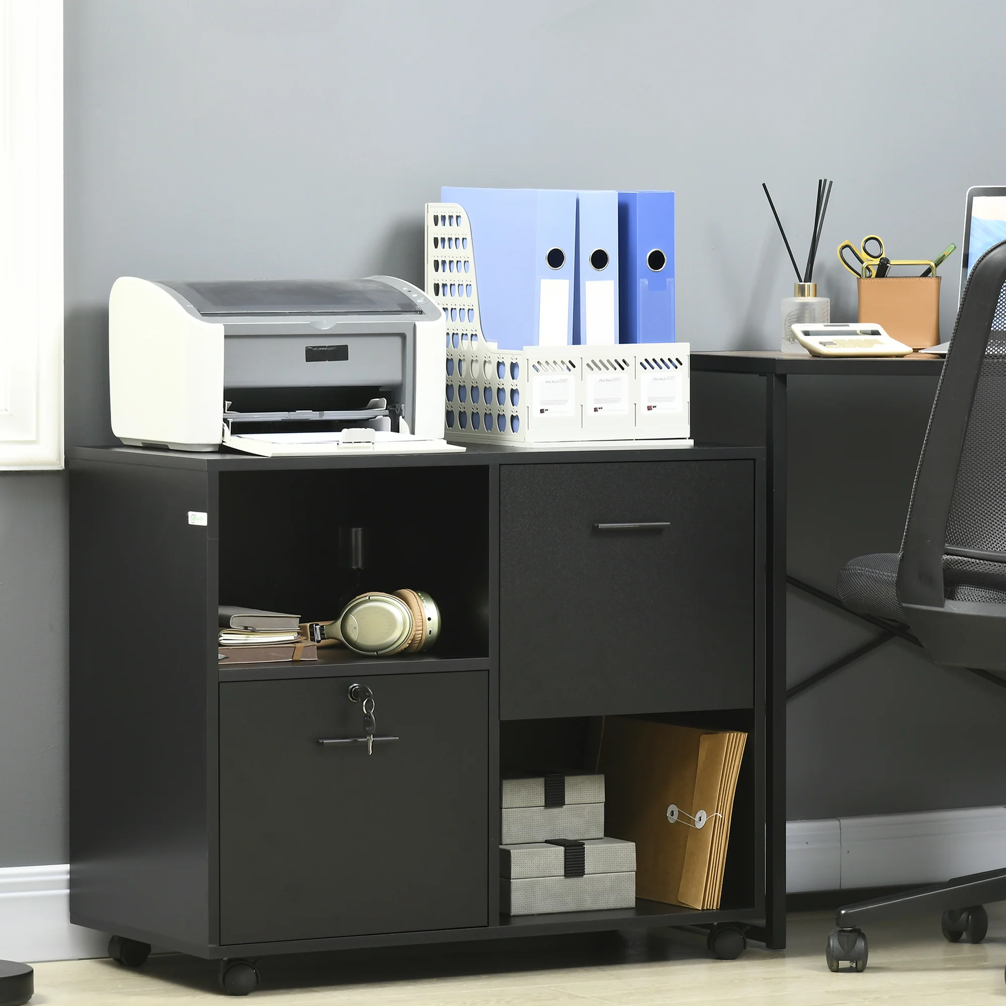 Mobile Lateral File Cabinet with Drawers and Lock, Printer Stand with Open Shelves, Black - Image 3