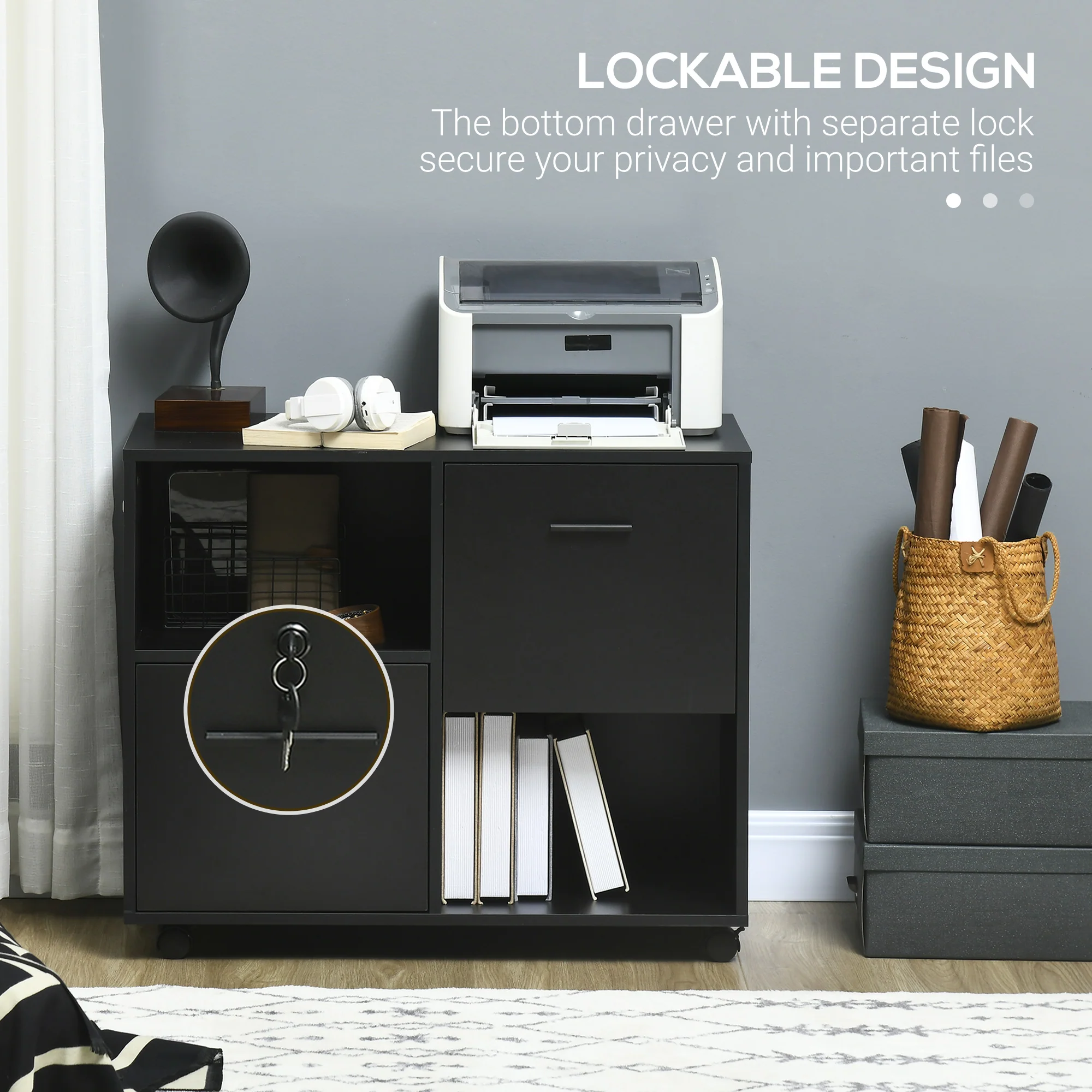 Mobile Lateral File Cabinet with Drawers and Lock, Printer Stand with Open Shelves, Black - Image 9