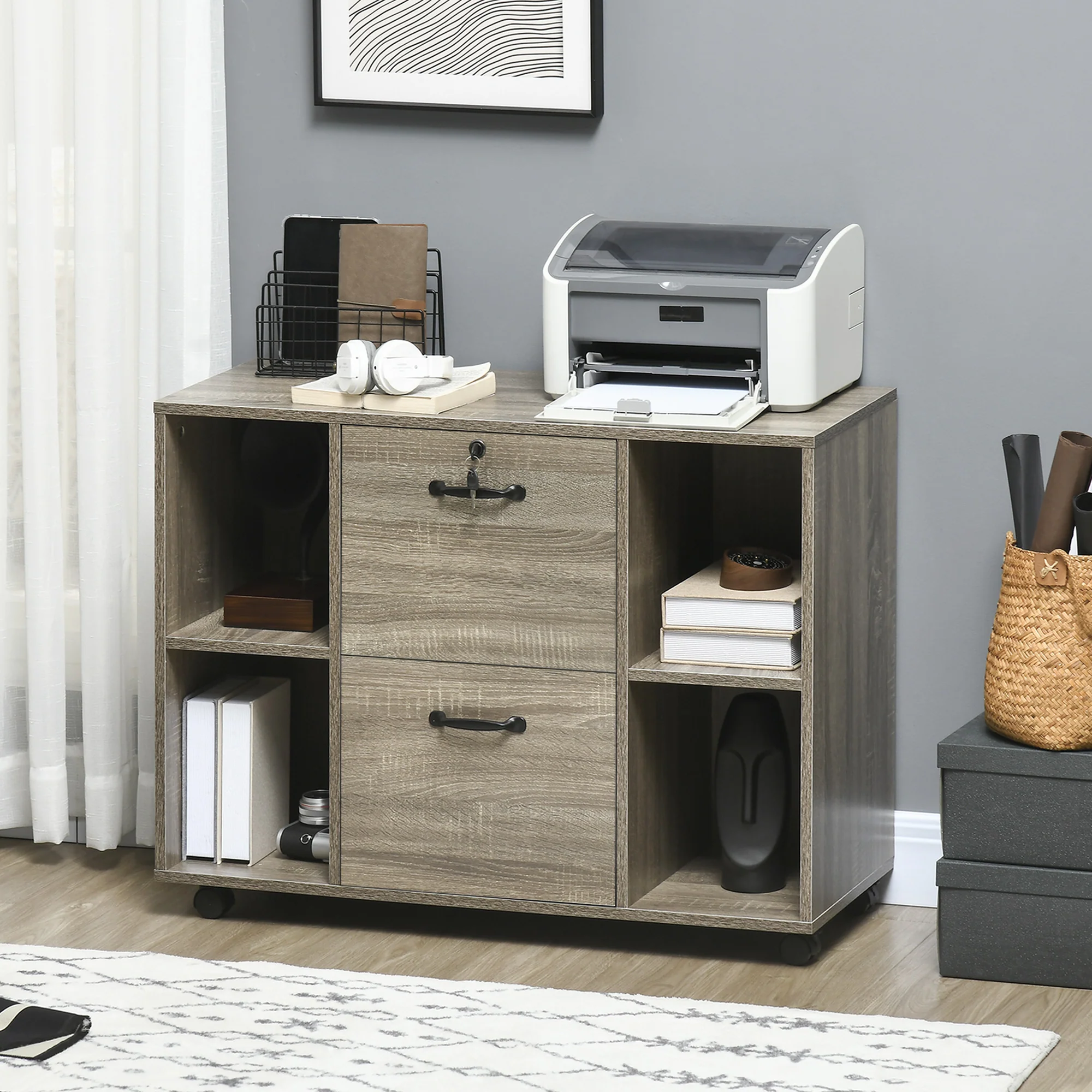 Mobile Lateral Filing Cabinet with Open Shelves, Wheels & Lockable Drawer, Grey - Image 4
