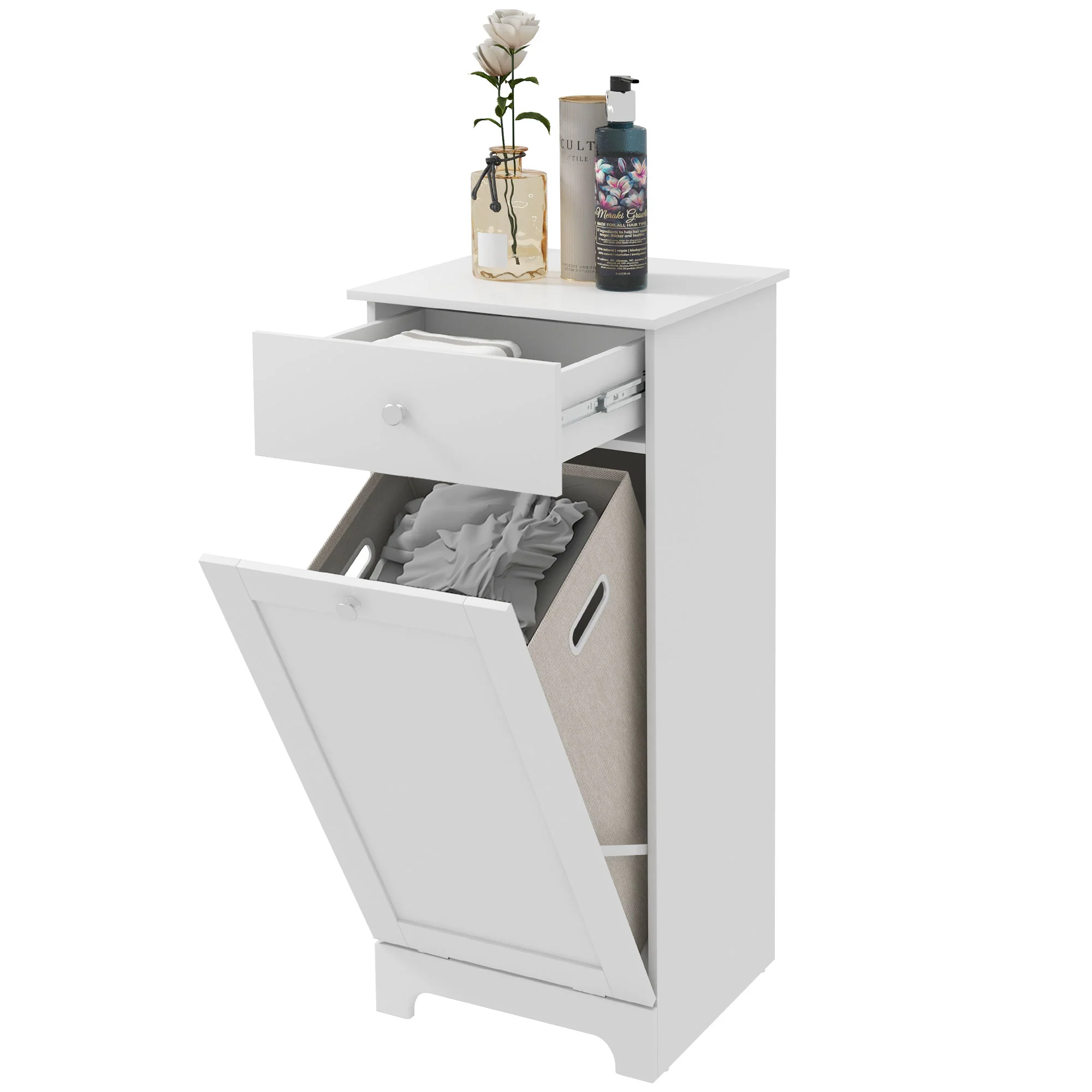 Laundry Cabinet, Bathroom Cabinet with  Foldable Laundry Hamper, and Drawer, White - Image 2