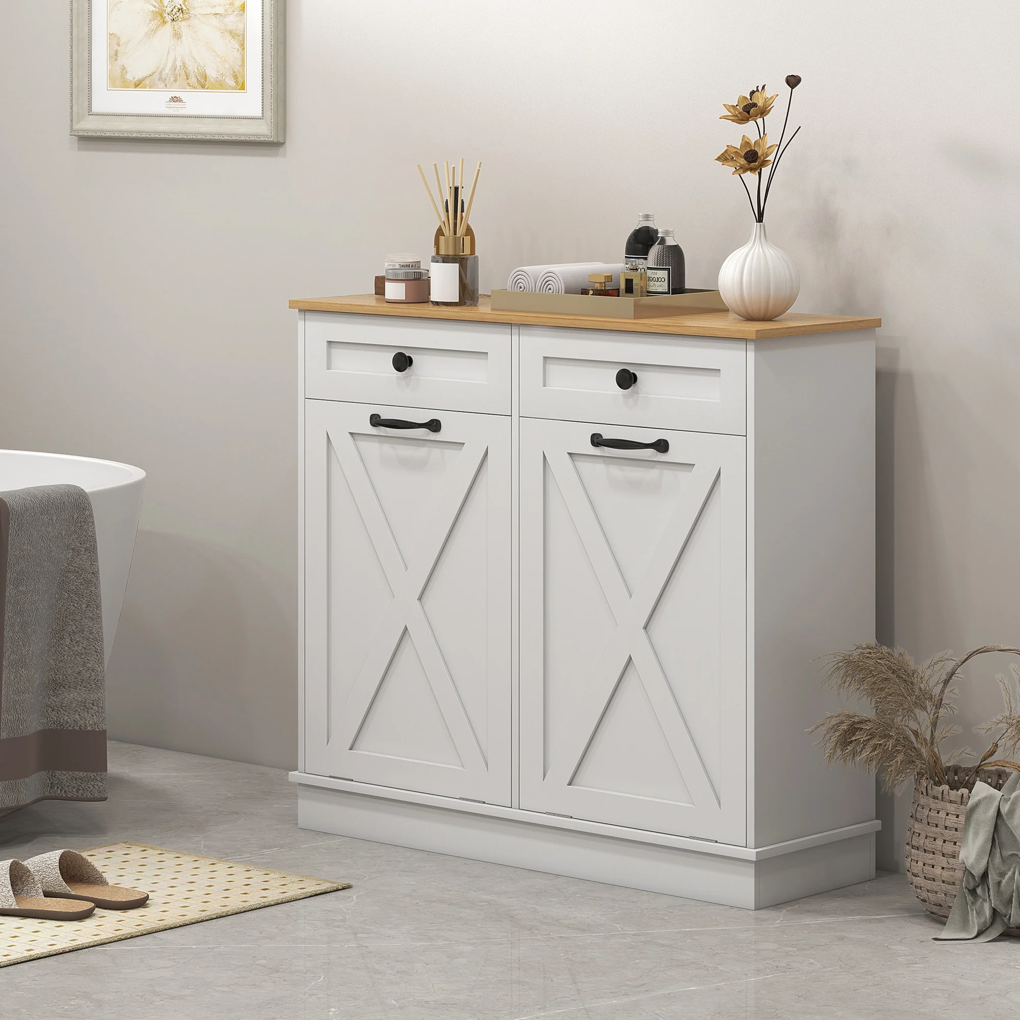 Laundry Hamper Cabinet, Tilt Out Laundry Cabinet w/ 2 Removable Baskets & 2 Drawers, White - Image 4