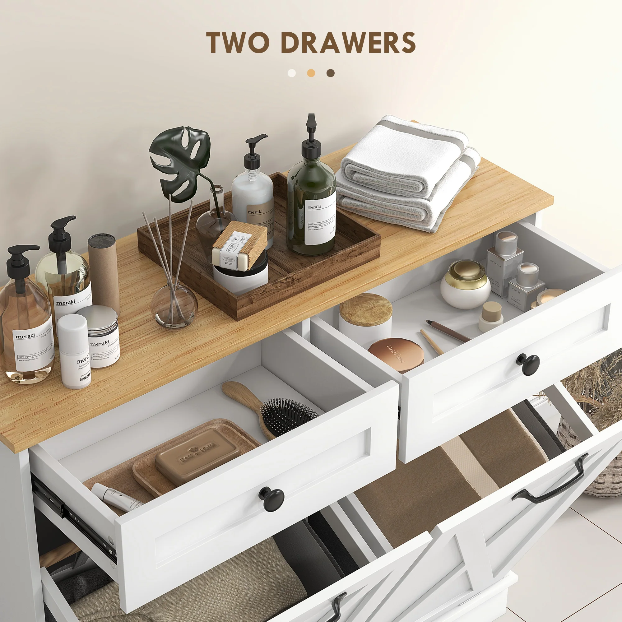Laundry Hamper Cabinet, Tilt Out Laundry Cabinet w/ 2 Removable Baskets & 2 Drawers, White - Image 7