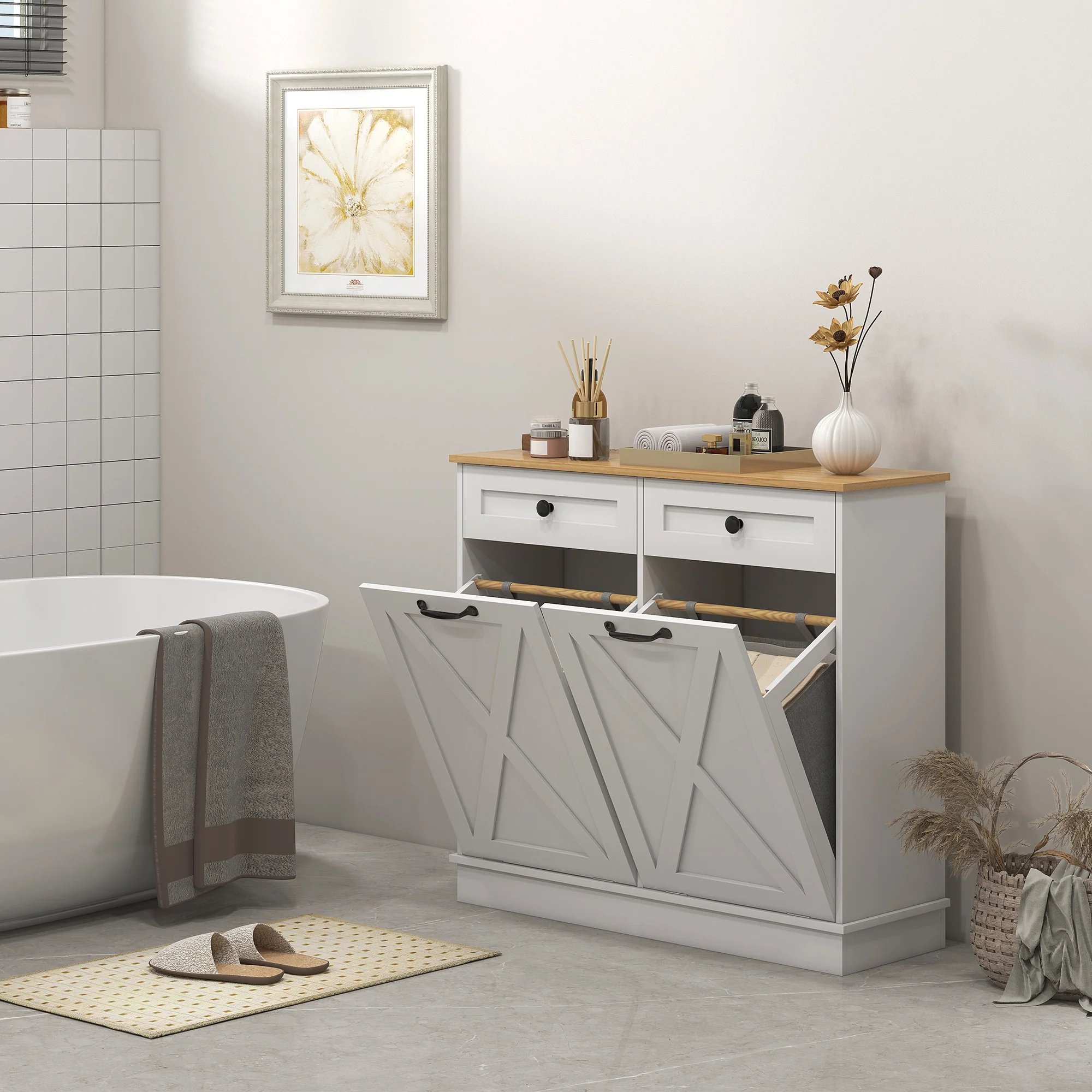 Laundry Hamper Cabinet, Tilt Out Laundry Cabinet w/ 2 Removable Baskets & 2 Drawers, White - Image 9