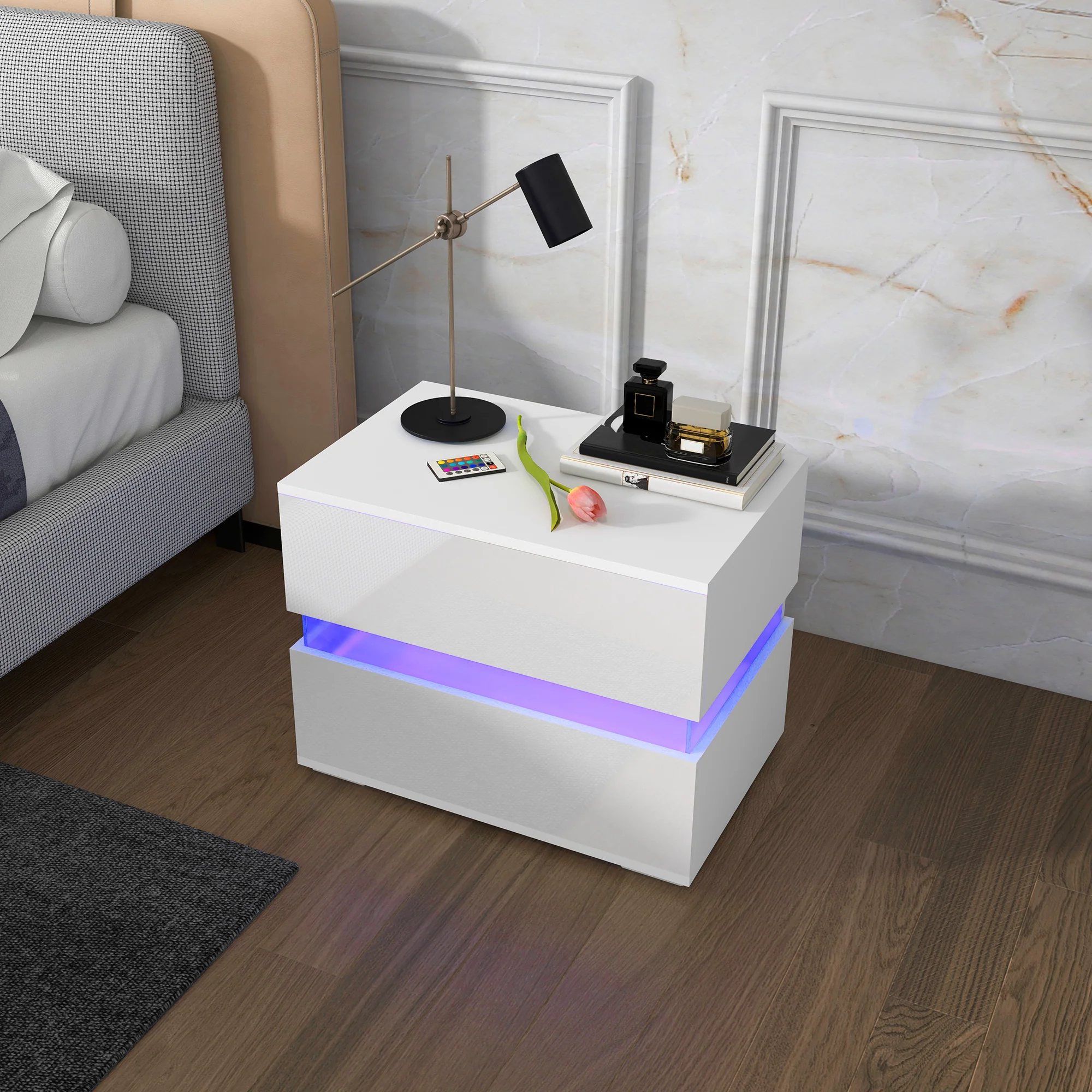 LED Nightstand with 2 Drawers, Bedside Table with 16-Colour Adjustable Lights, White - Image 4
