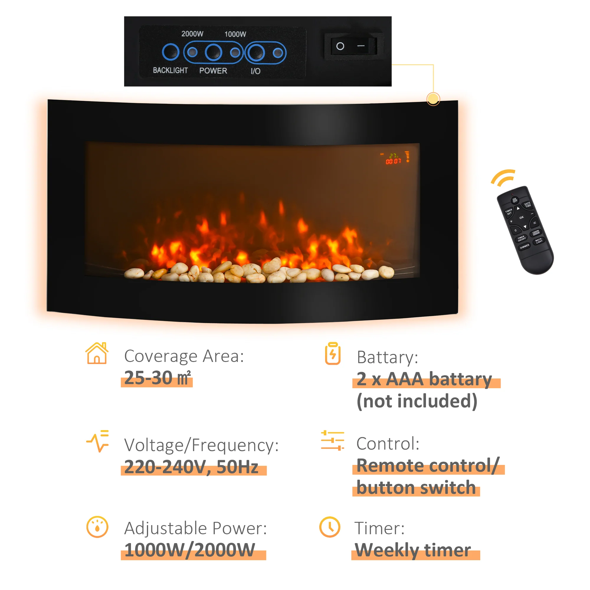 Electric Fireplace with 7 Colour Side Lights Slimline, 1000/2000W, 89.2cm x 48cm - Image 7