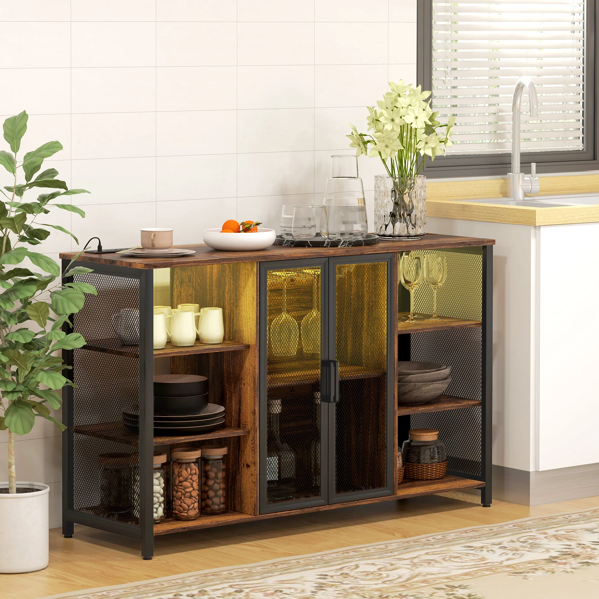 LED Wine Cabinet with Charging Station Glass Holders Open Shelves Rustic Brown - Image 3