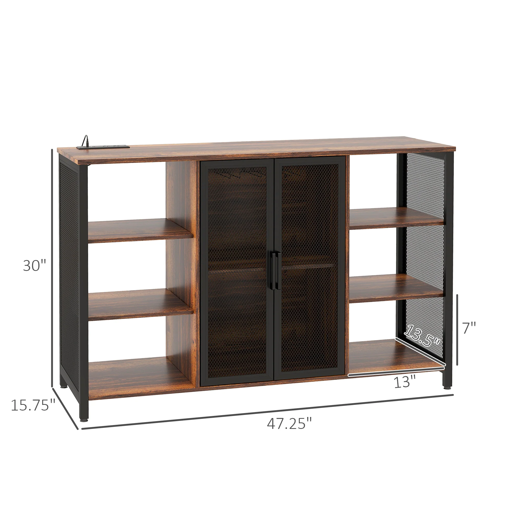 LED Wine Cabinet with Charging Station Glass Holders Open Shelves Rustic Brown - Image 4