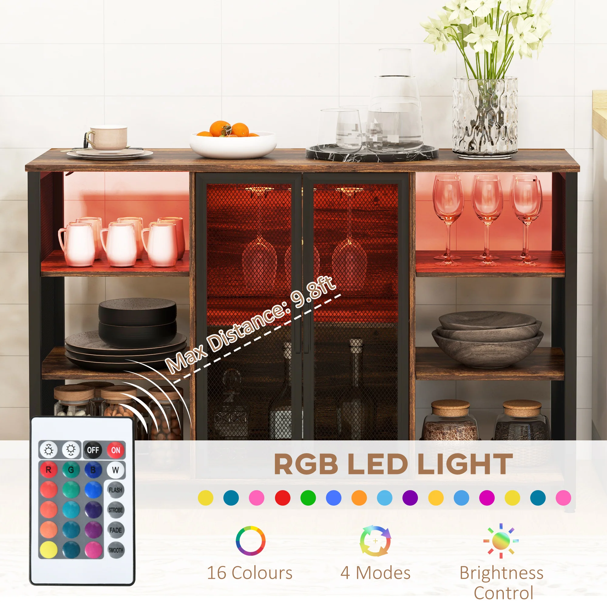LED Wine Cabinet with Charging Station Glass Holders Open Shelves Rustic Brown - Image 5