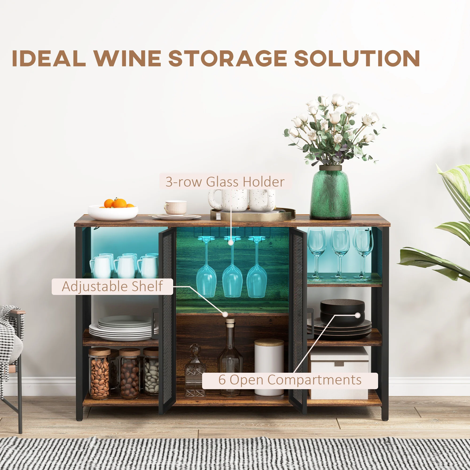 LED Wine Cabinet with Charging Station Glass Holders Open Shelves Rustic Brown - Image 7