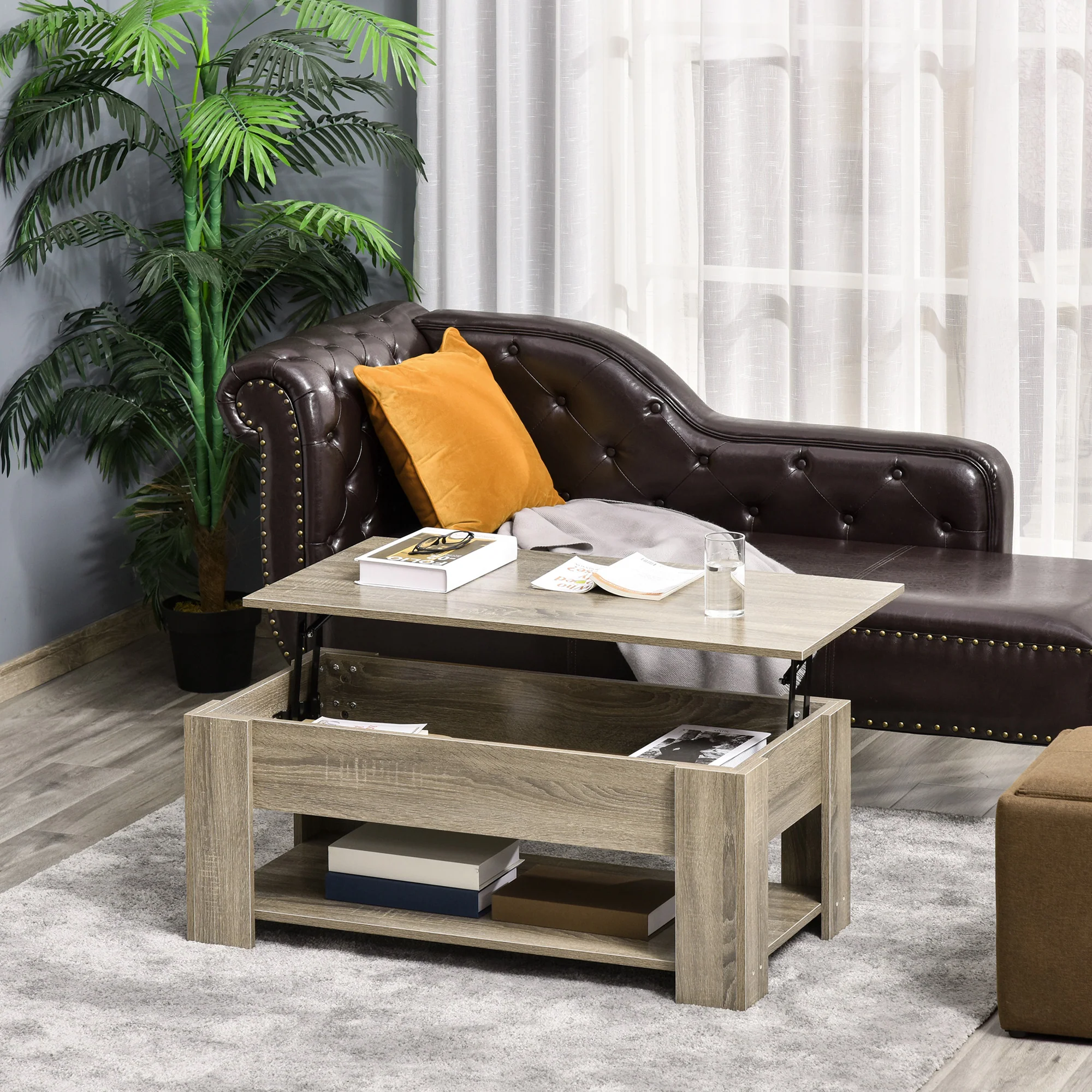 Lift Top Coffee Table with Hidden Storage & Open Shelf, Grey - Image 4