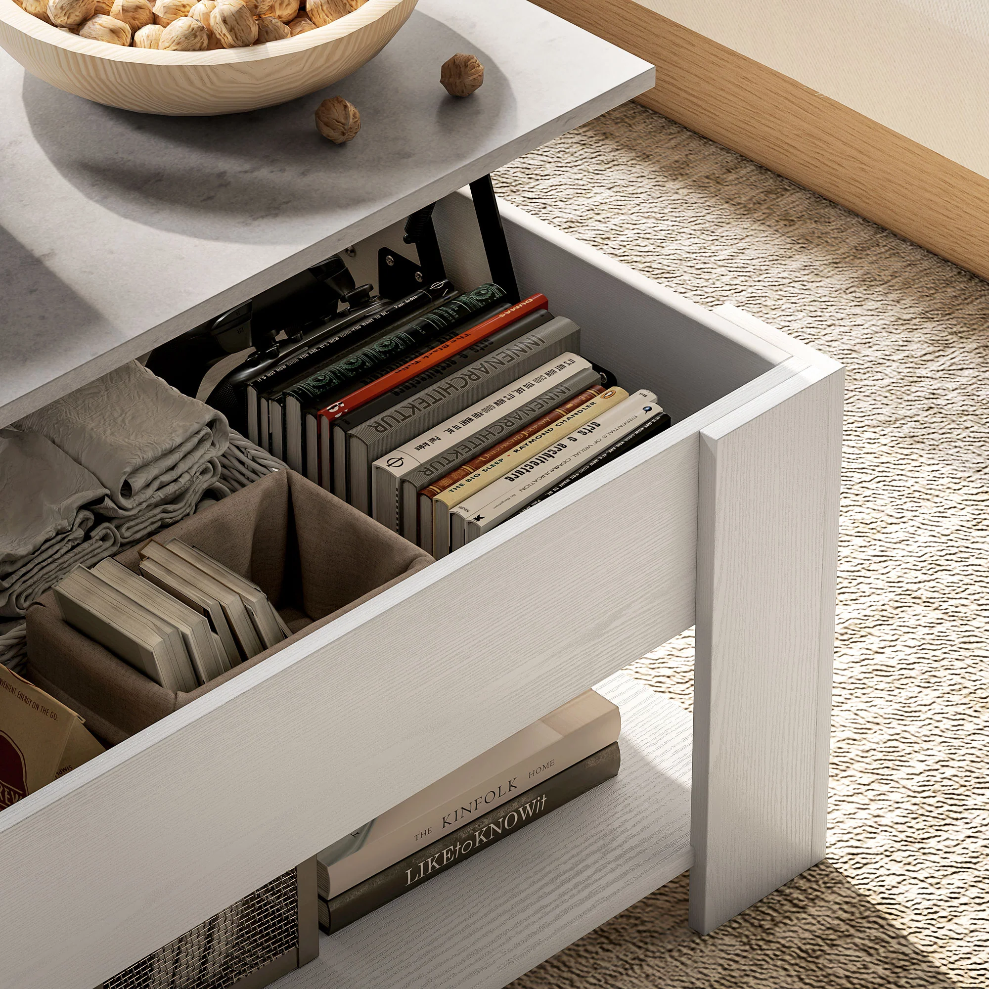Lift Top Coffee Table with Hidden Storage & Open Shelf, White - Image 11
