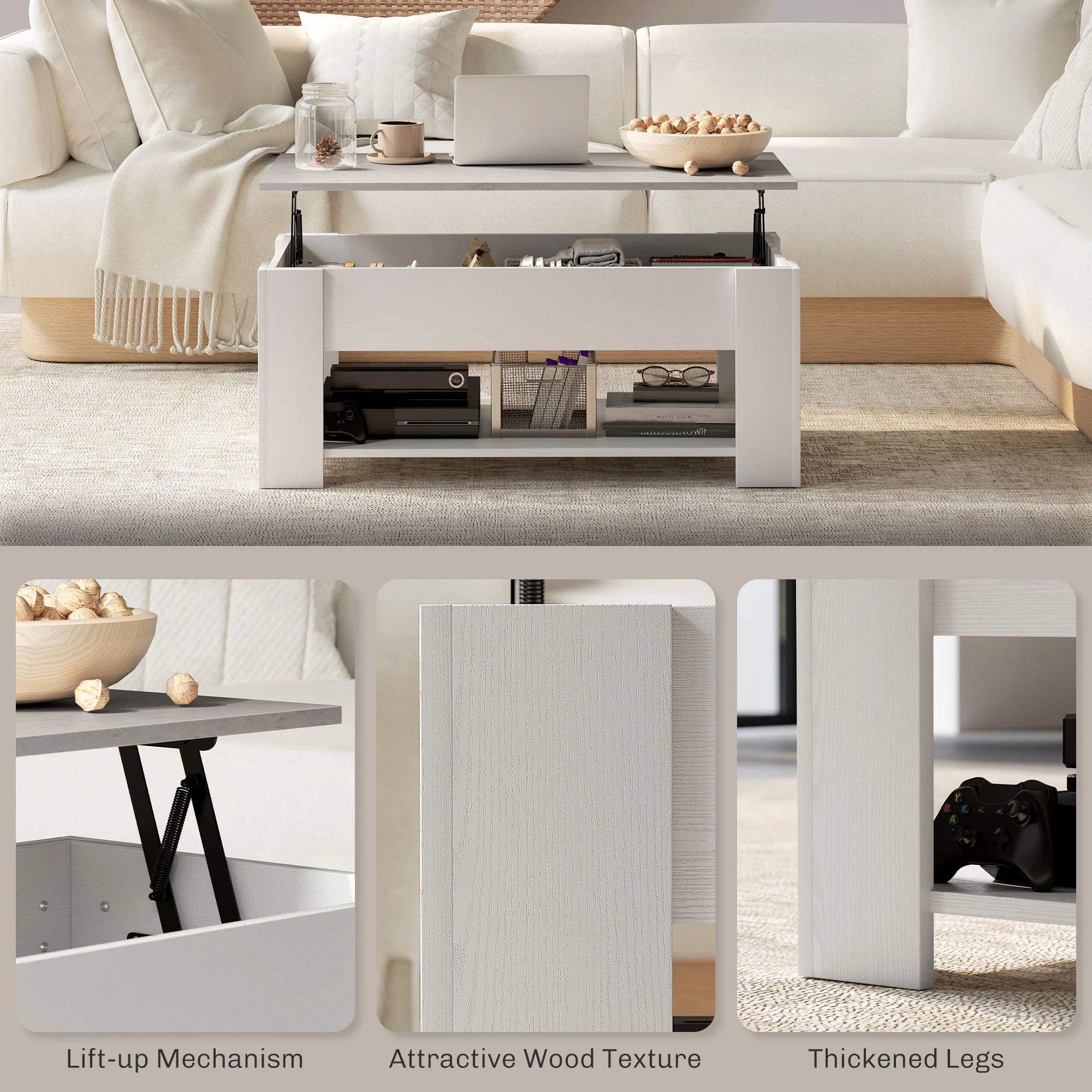 Lift Top Coffee Table with Hidden Storage & Open Shelf, White - Image 8