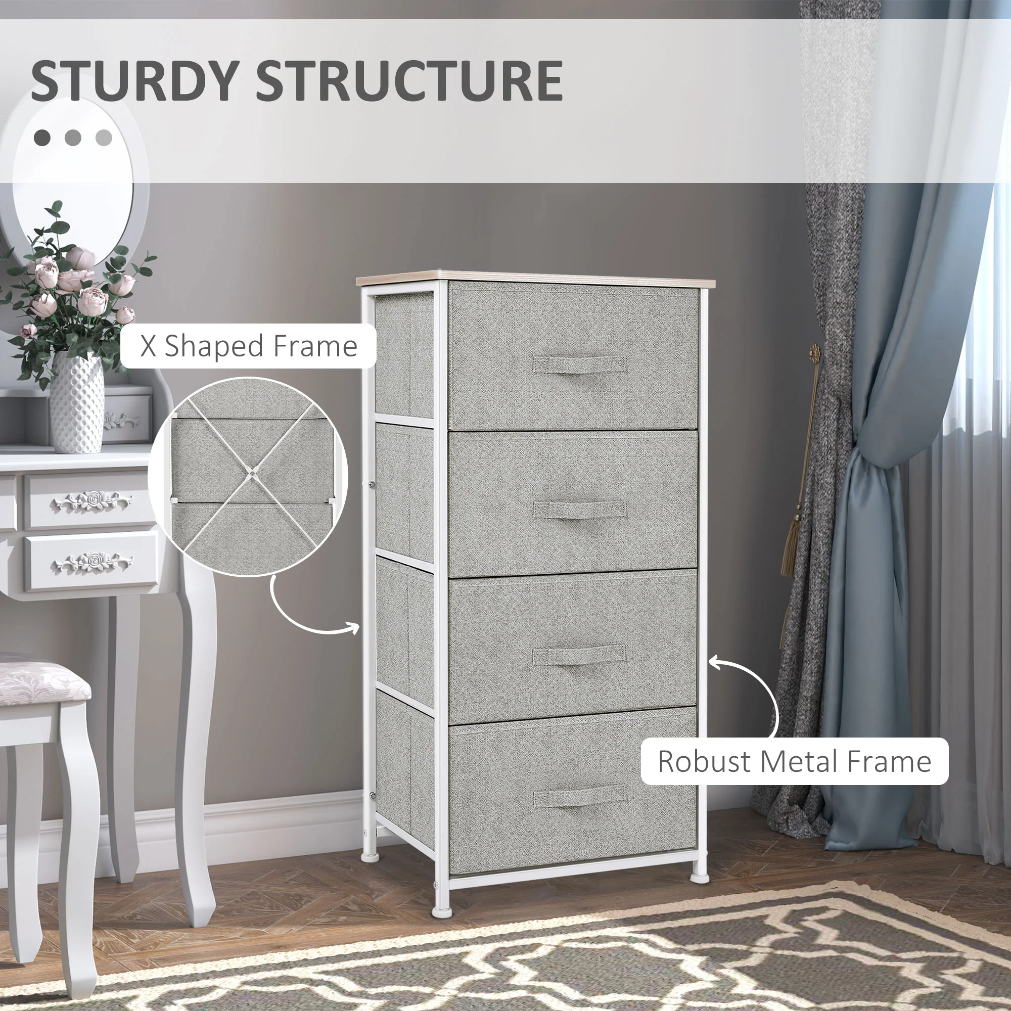 4-Drawer Linen Storage Organizer with Metal Frame & Adjustable Feet for Living Room, White - Image 7