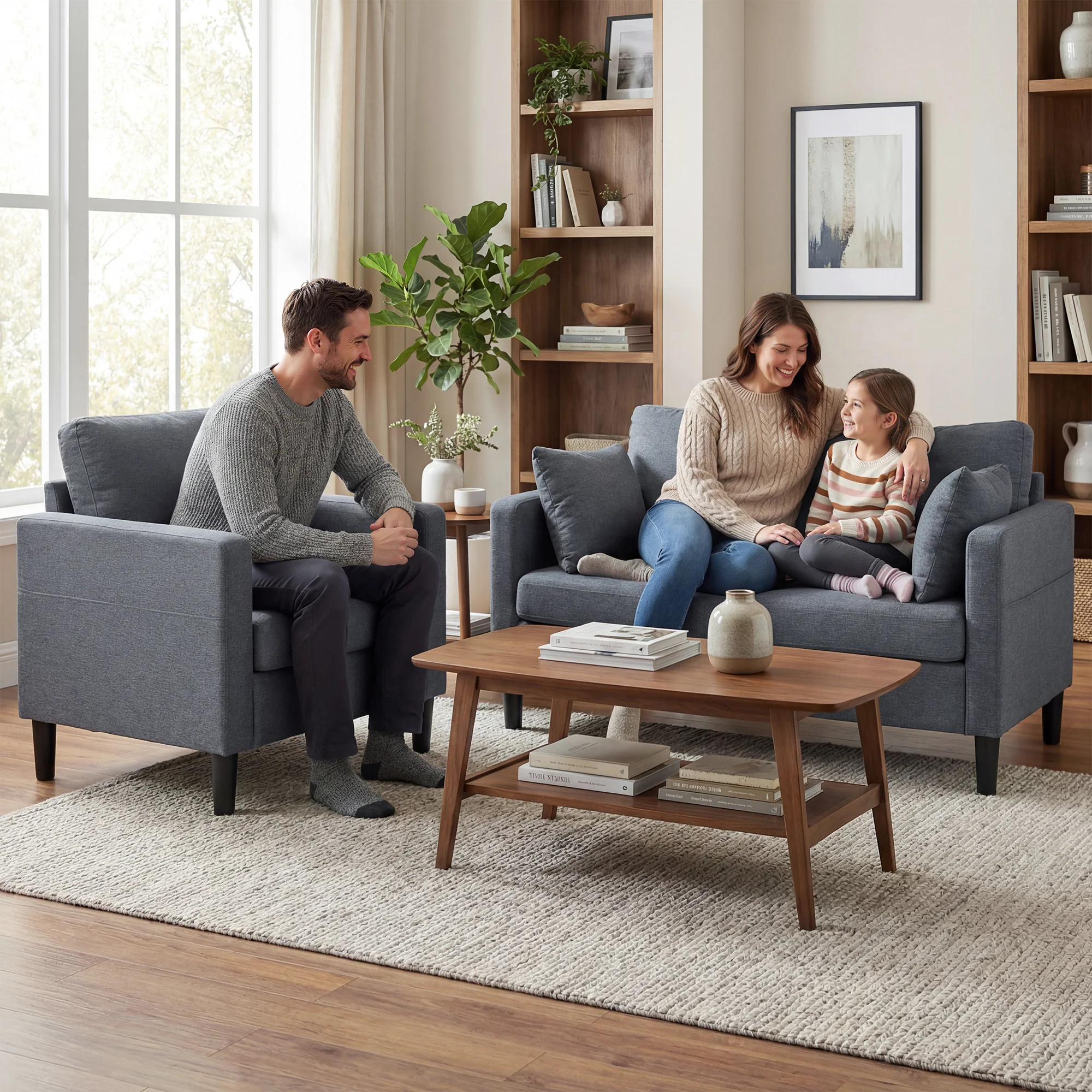 Linen-Feel Fabric Accent Chair, Modern Armchair, Living Room Chair with Armrests and Thick Padded Seat, Upholstered Single Sofa for Living Room, Bedroom, Study, Dark Grey - Image 10