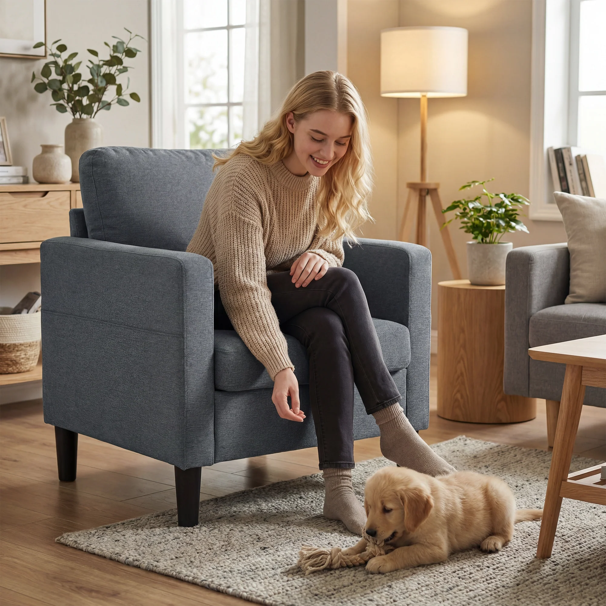 Linen-Feel Fabric Accent Chair, Modern Armchair, Living Room Chair with Armrests and Thick Padded Seat, Upholstered Single Sofa for Living Room, Bedroom, Study, Dark Grey - Image 11
