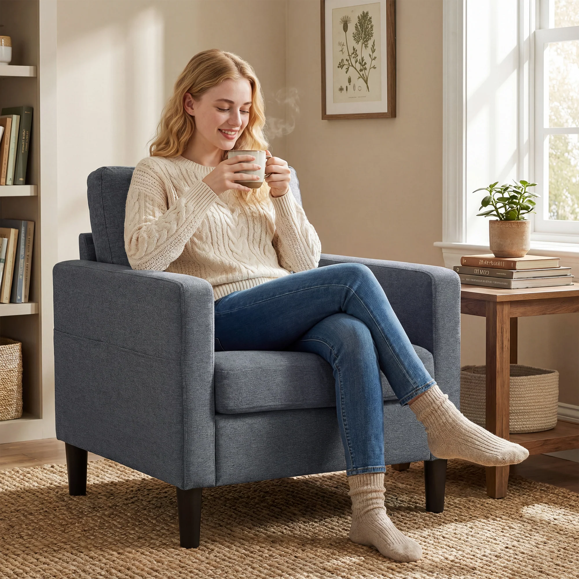 Linen-Feel Fabric Accent Chair, Modern Armchair, Living Room Chair with Armrests and Thick Padded Seat, Upholstered Single Sofa for Living Room, Bedroom, Study, Dark Grey - Image 3