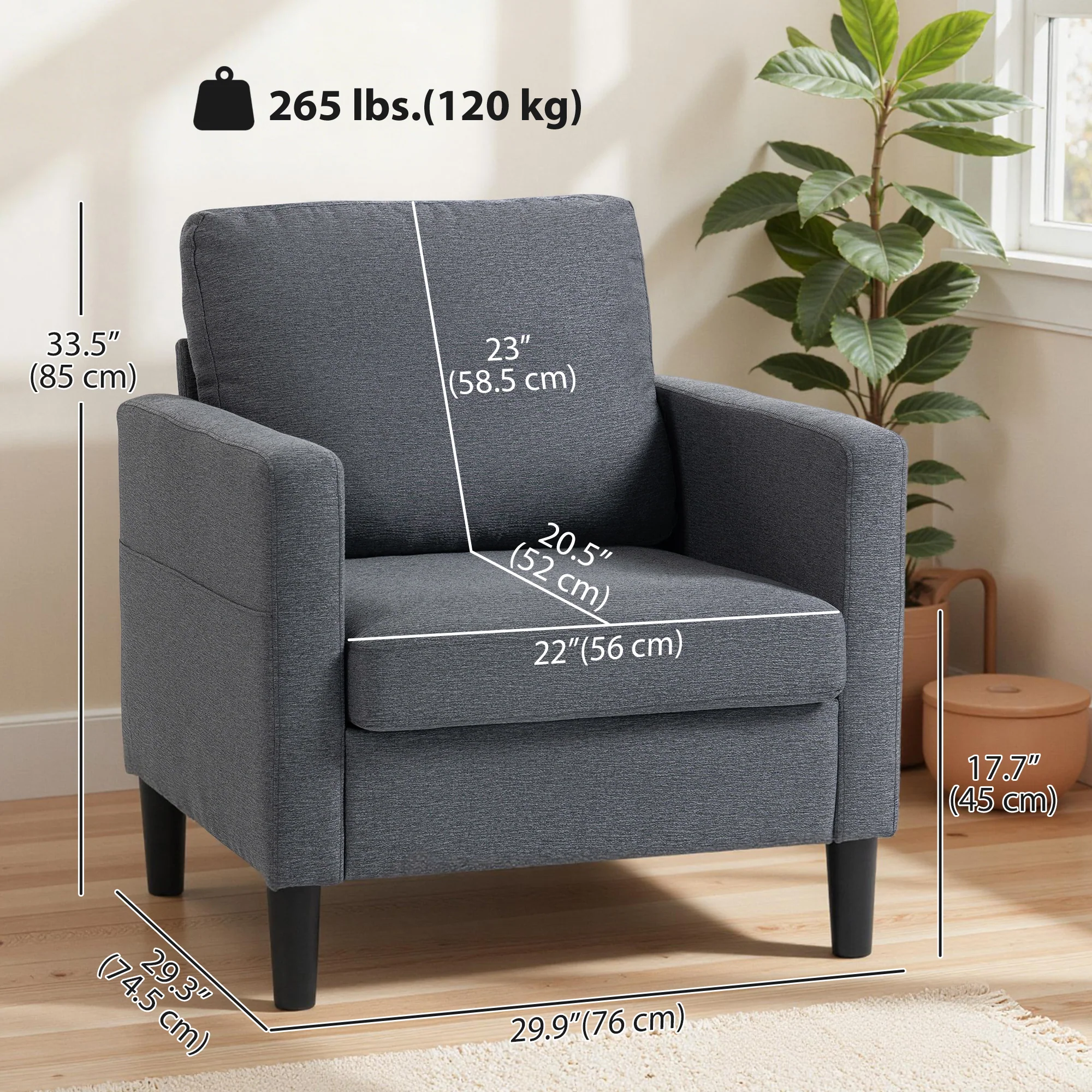 Linen-Feel Fabric Accent Chair, Modern Armchair, Living Room Chair with Armrests and Thick Padded Seat, Upholstered Single Sofa for Living Room, Bedroom, Study, Dark Grey - Image 5