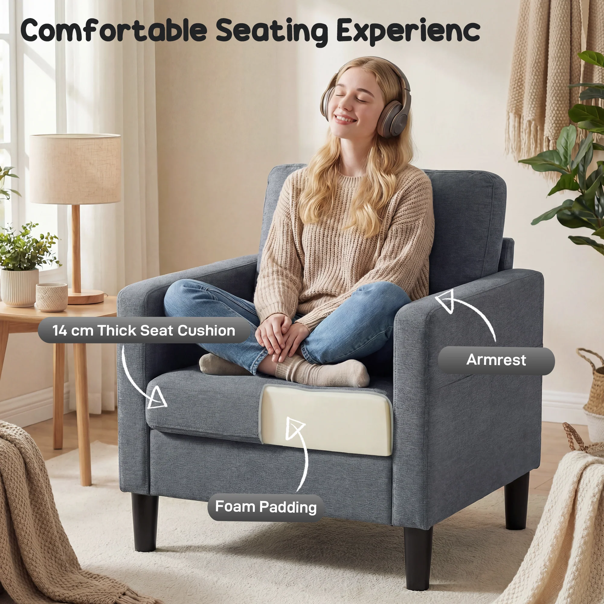 Linen-Feel Fabric Accent Chair, Modern Armchair, Living Room Chair with Armrests and Thick Padded Seat, Upholstered Single Sofa for Living Room, Bedroom, Study, Dark Grey - Image 6